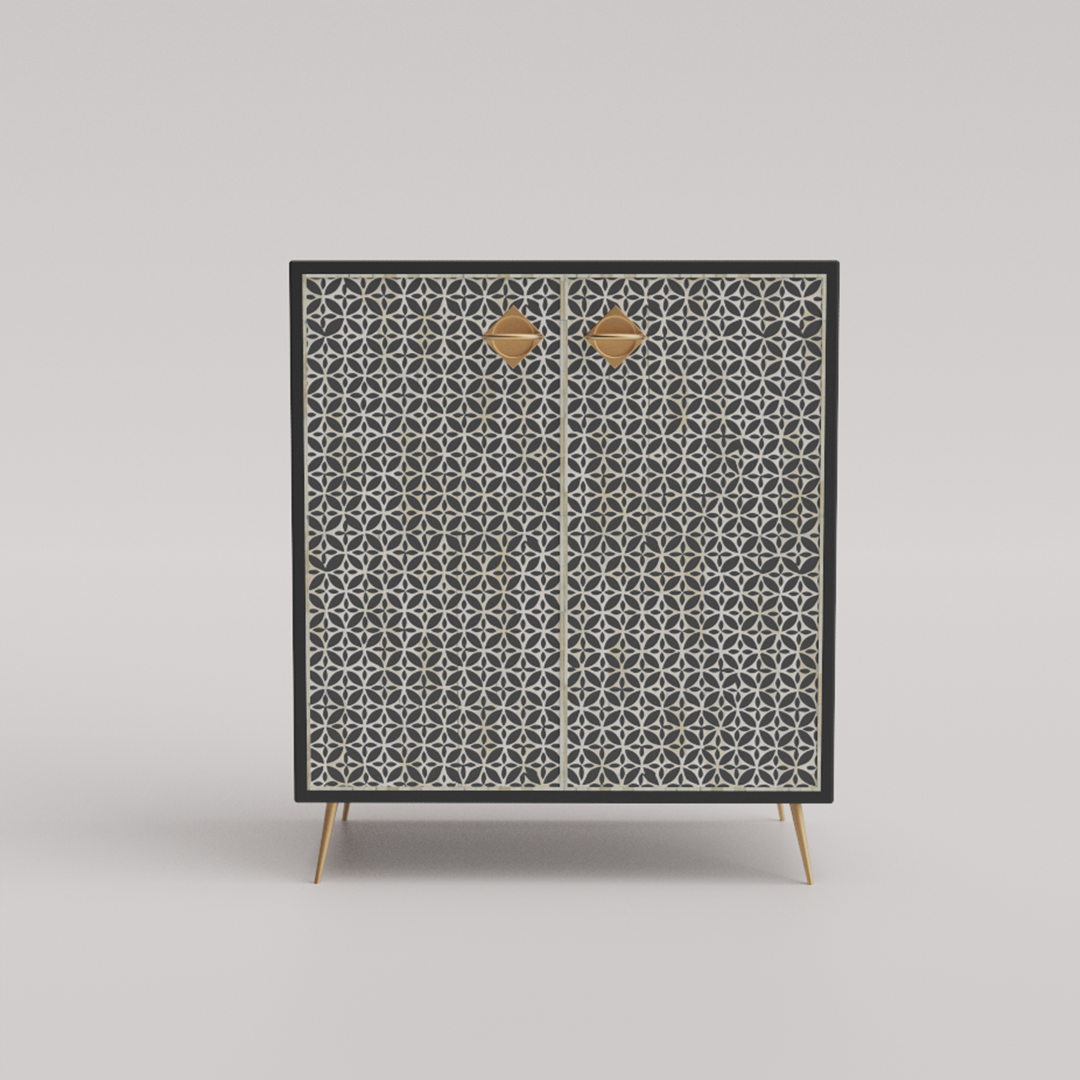 Monochrome diamond-pattern bone inlay storage cabinet for sleek organization.