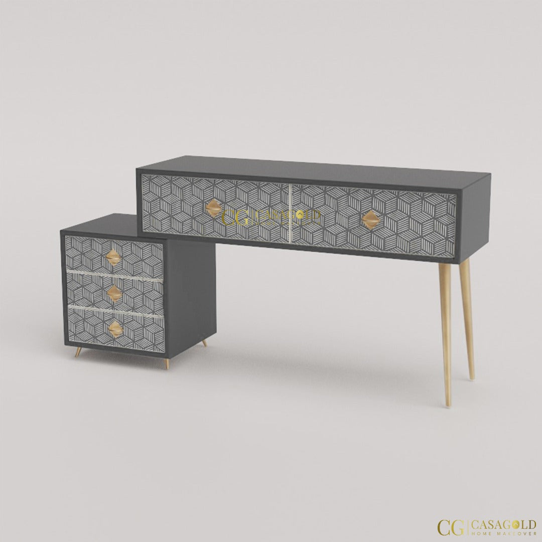 "Monochrome inlay study desk with open shelves for modern and functional design"
