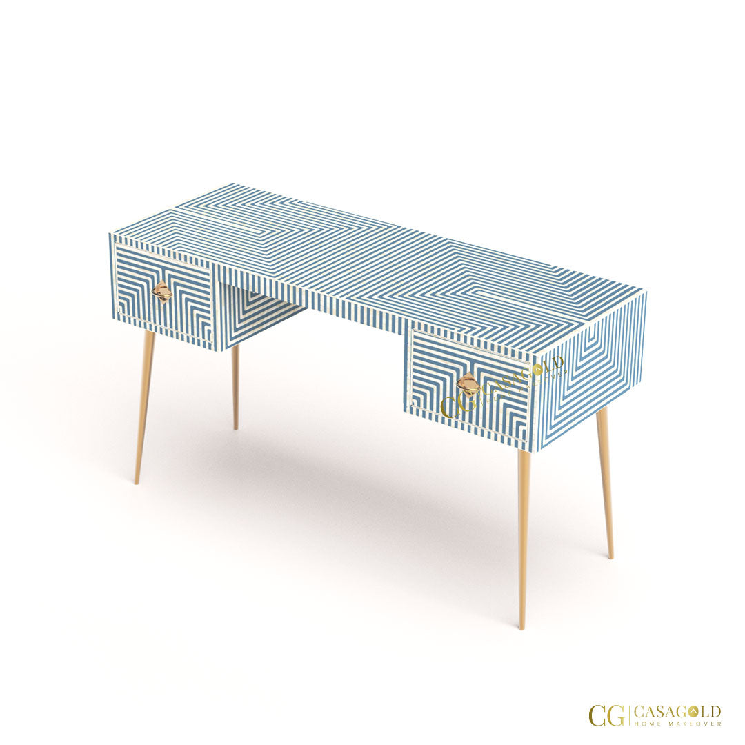 Monochrome bone inlay study desk with sleek minimalist patterns