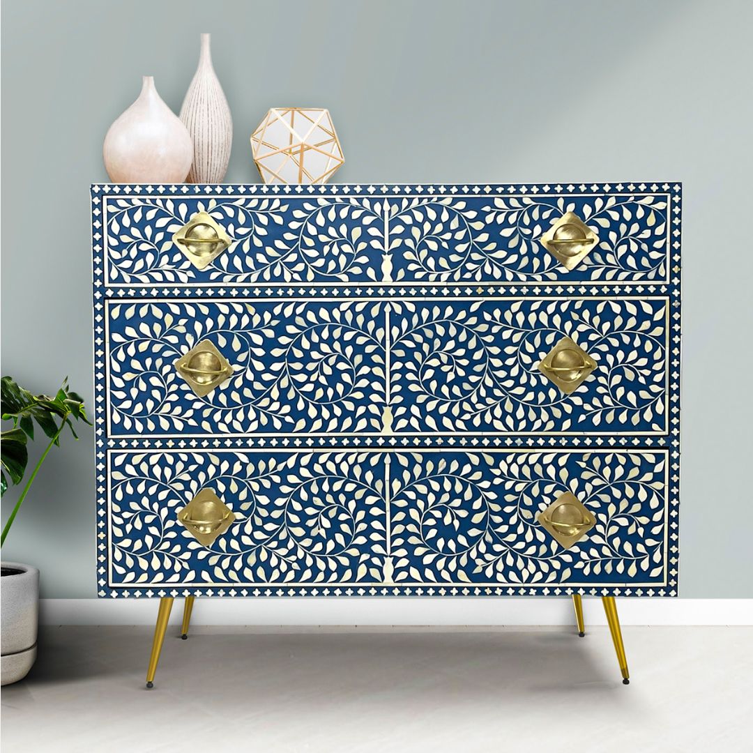 Moroccan Blue Bone Inlay Chest of Drawers