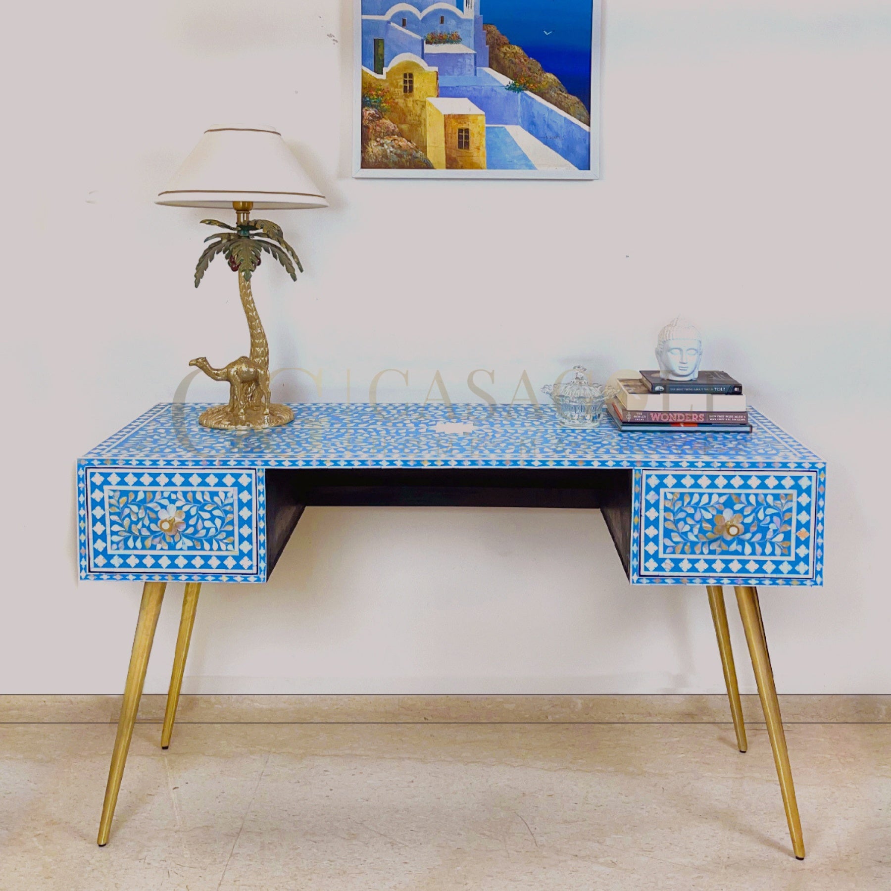Mother of pearl study desk with floral vine patterns for elegance