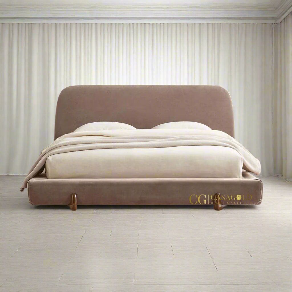 Discover CasaGold's mushroom brown velvet bed, a perfect blend of modern design and luxurious comfort, crafted with a solid wood frame