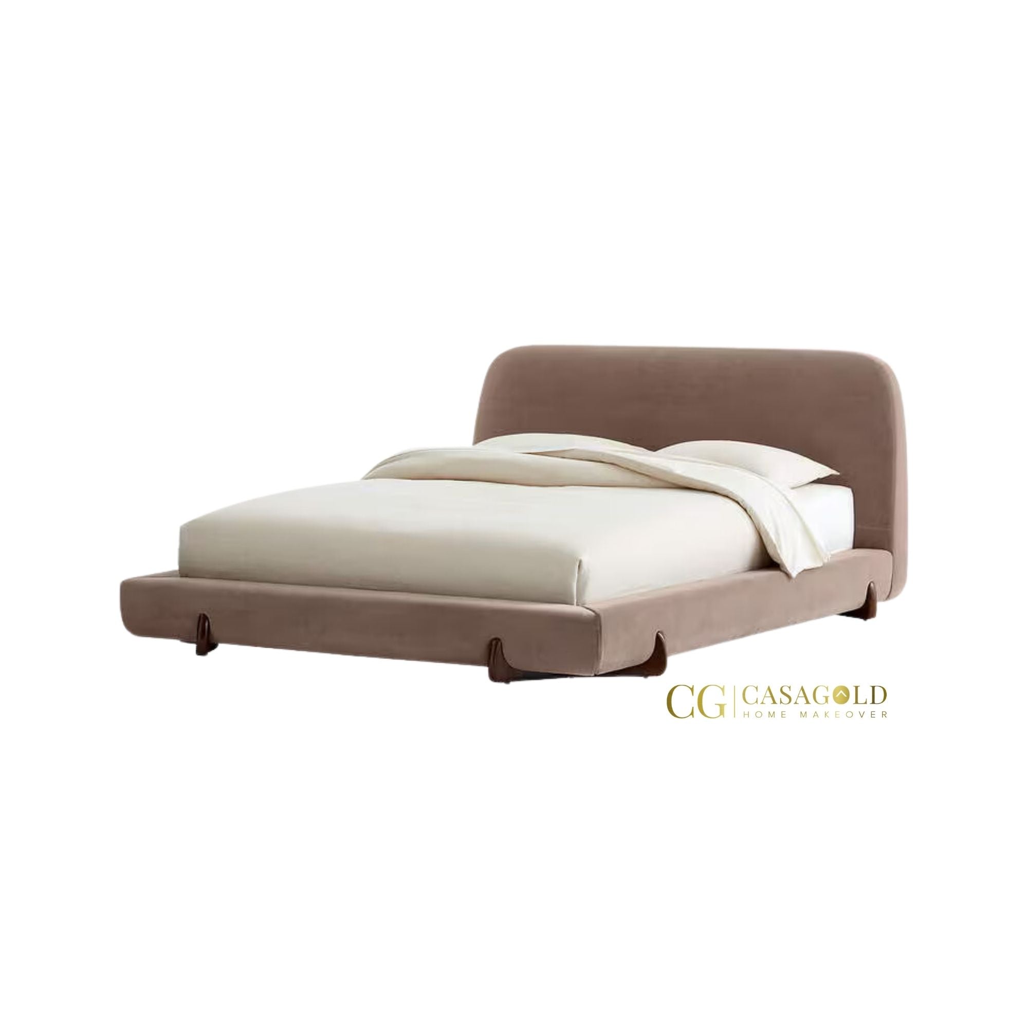 Mushroom velvet bed, modern bedroom decor, luxury bed frame, CasaGold upholstered bed.