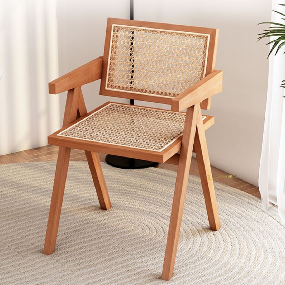 Rattan chair with a wooden frame, perfect for bedroom