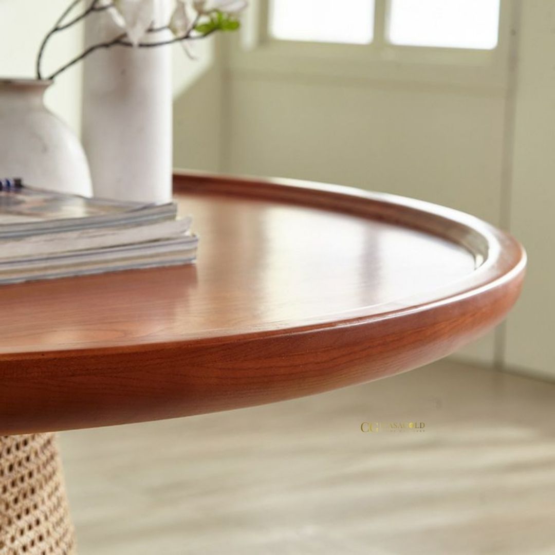 Natural wood dining set with rattan details and 4 chairs