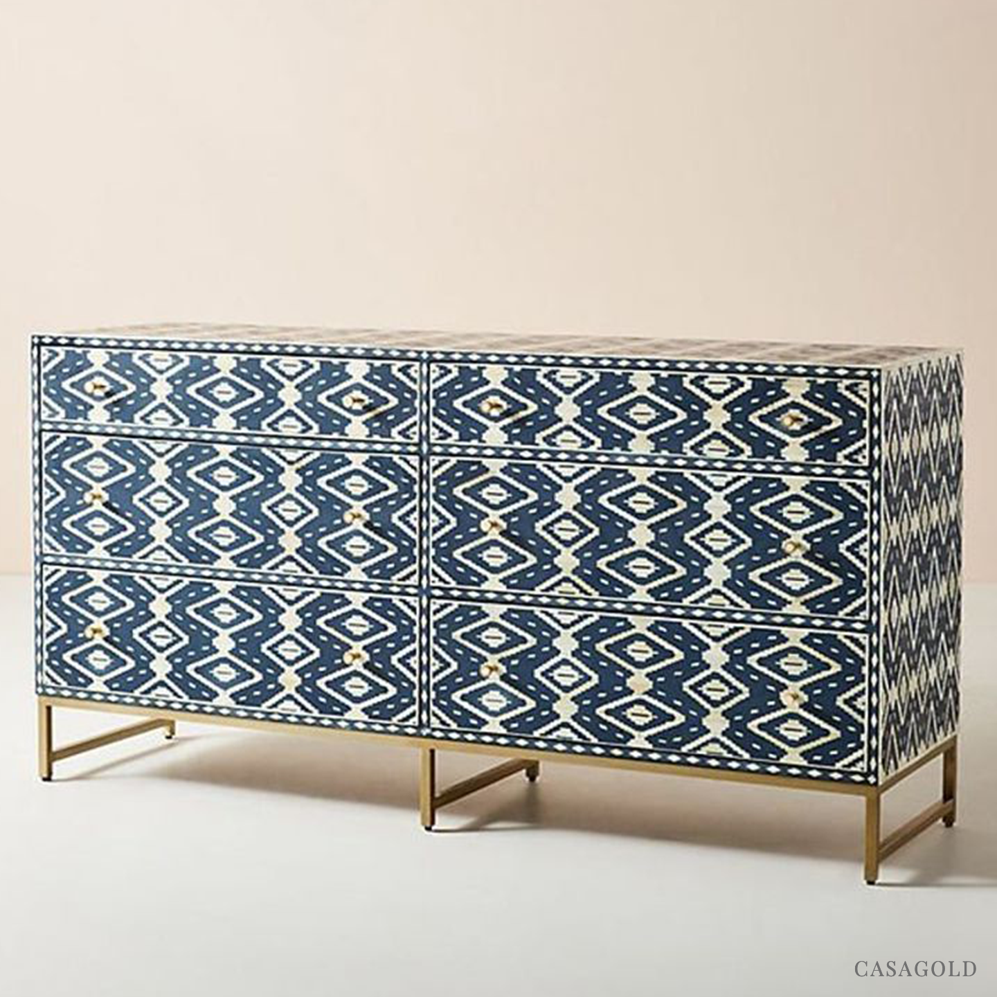 Navy blue and white inlay bar cabinet with nautical charm.