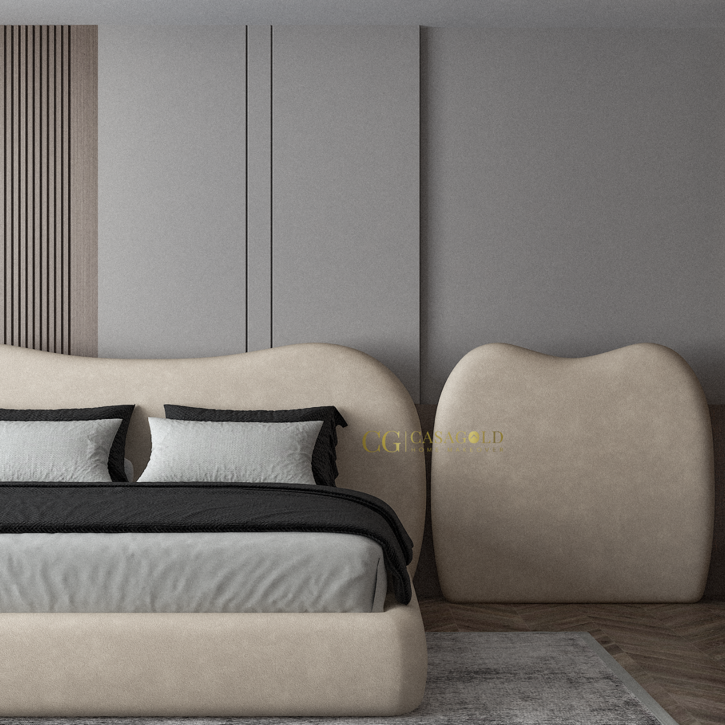 Elegant bedroom setup in beige and grey with custom padded panels