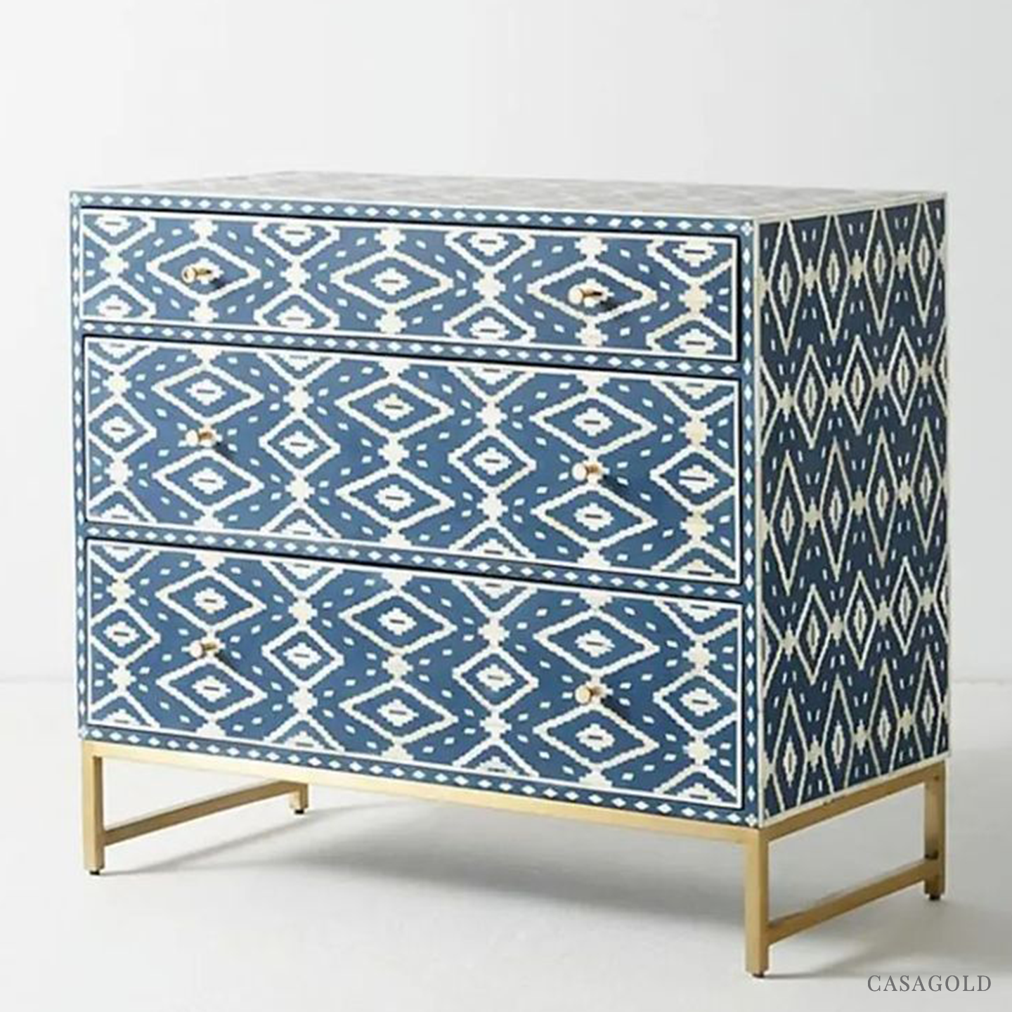 Ocean blue bone inlay bar cabinet with artistic flair.