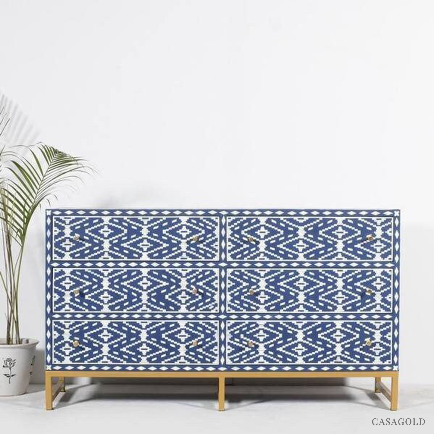 Ocean blue bone inlay bar cabinet with artistic flair.