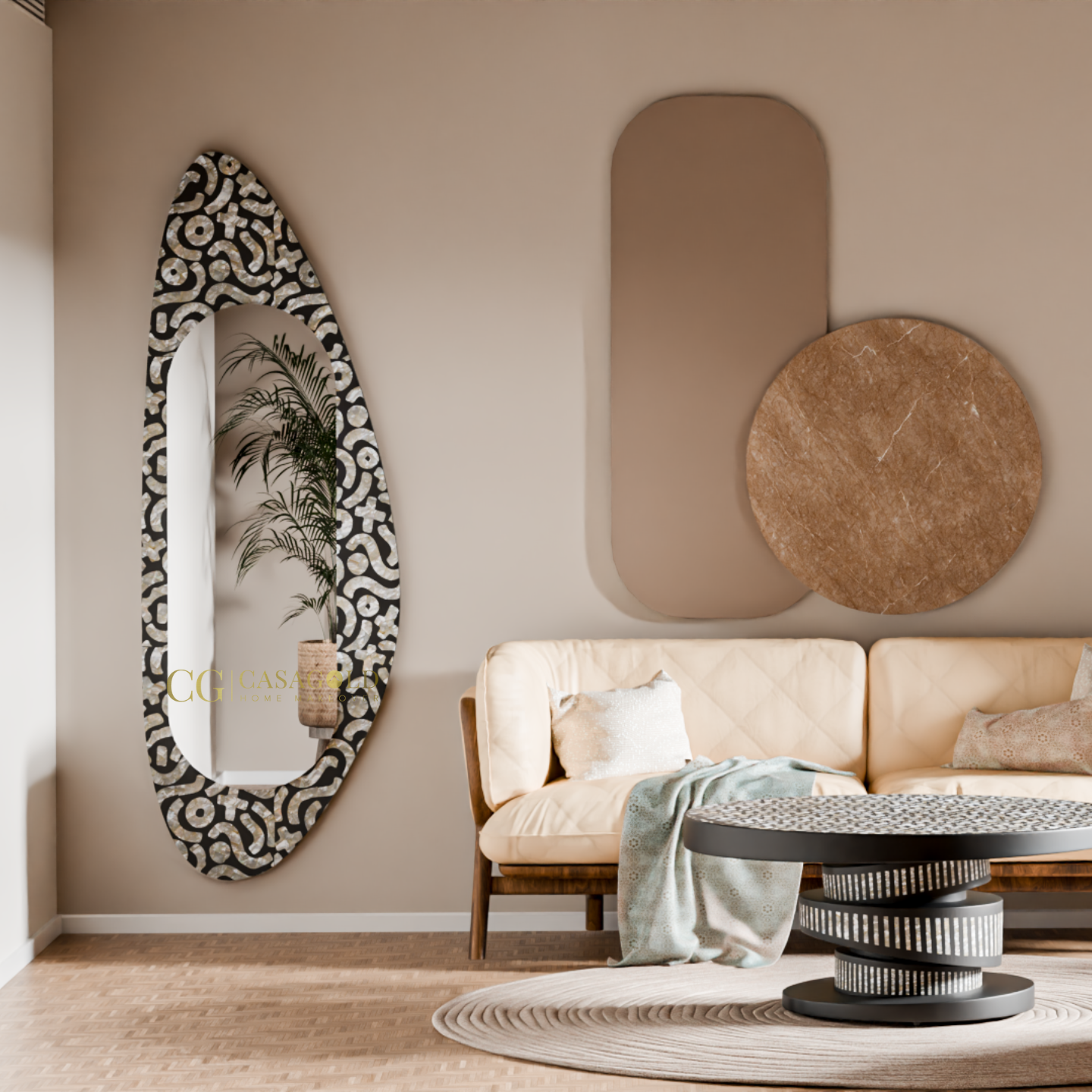 Unique elongated mirror leaning against a light-toned wall