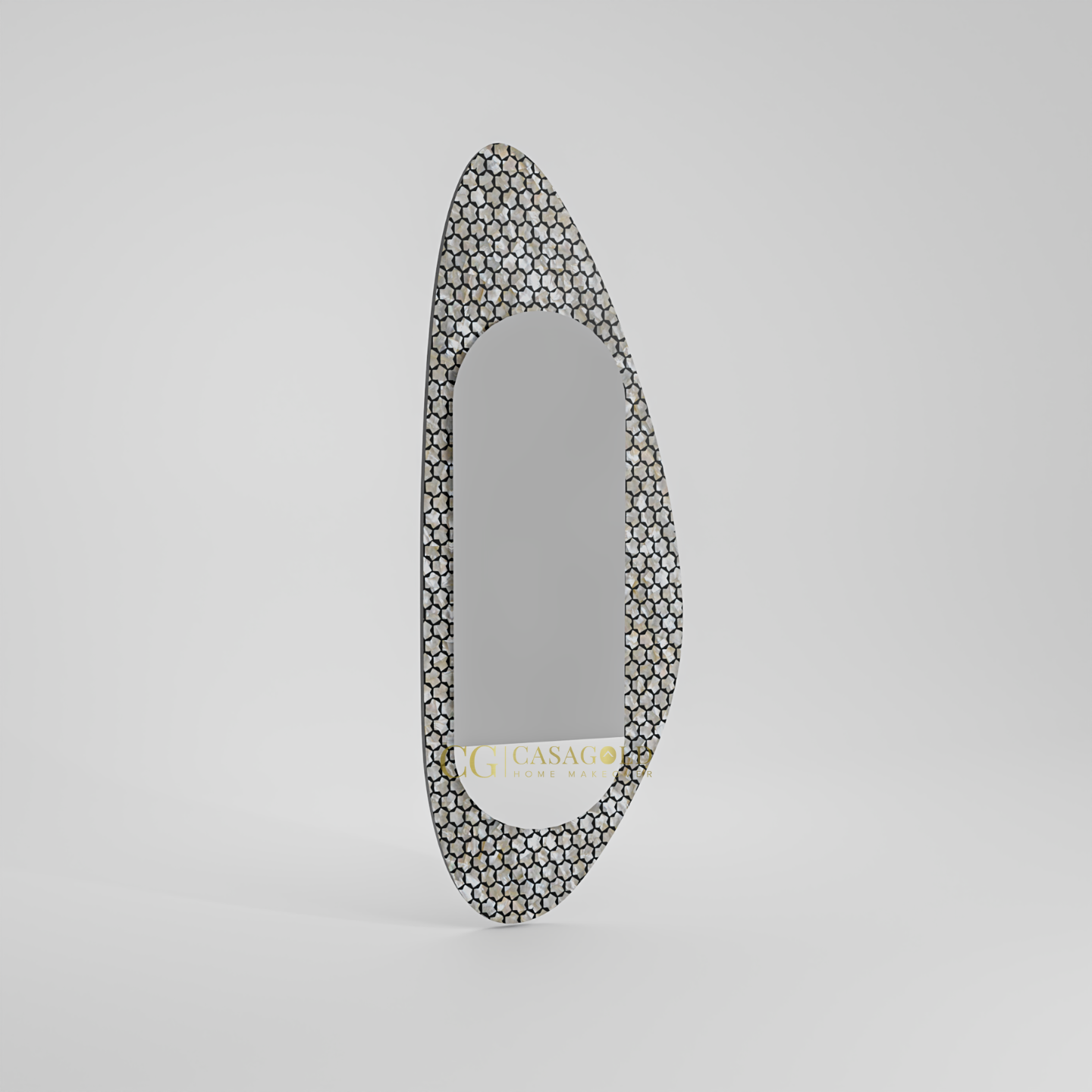 Elongated oval mirror featuring a stylish black honeycomb-patterned frame