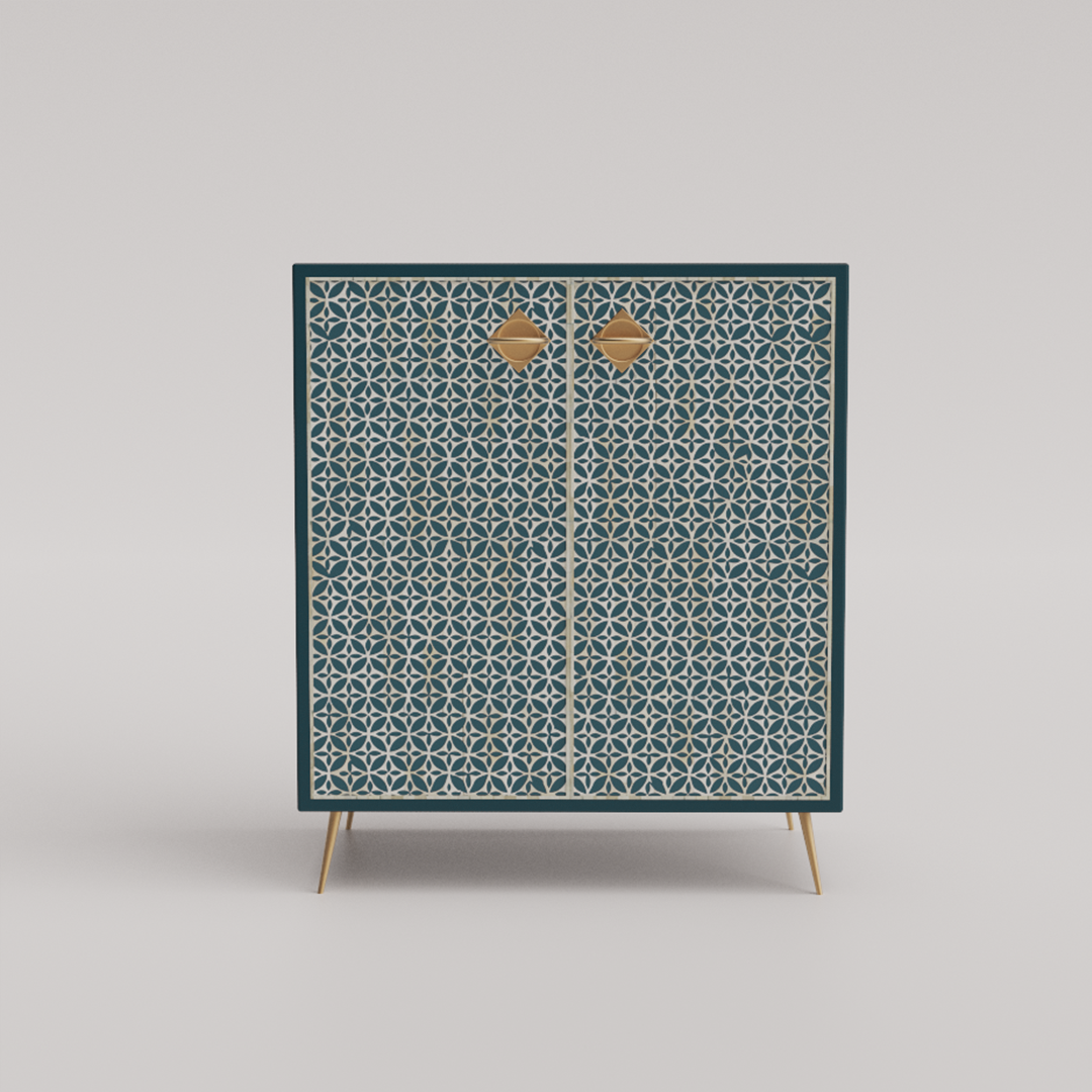 Pastel Green bone inlay storage cabinet with feminine accents.