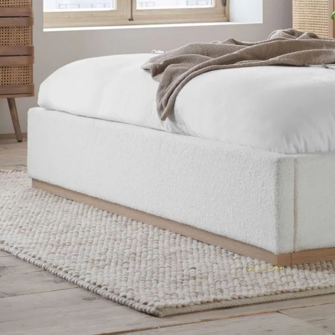 Cream boucle bed frame for a soft, plush look