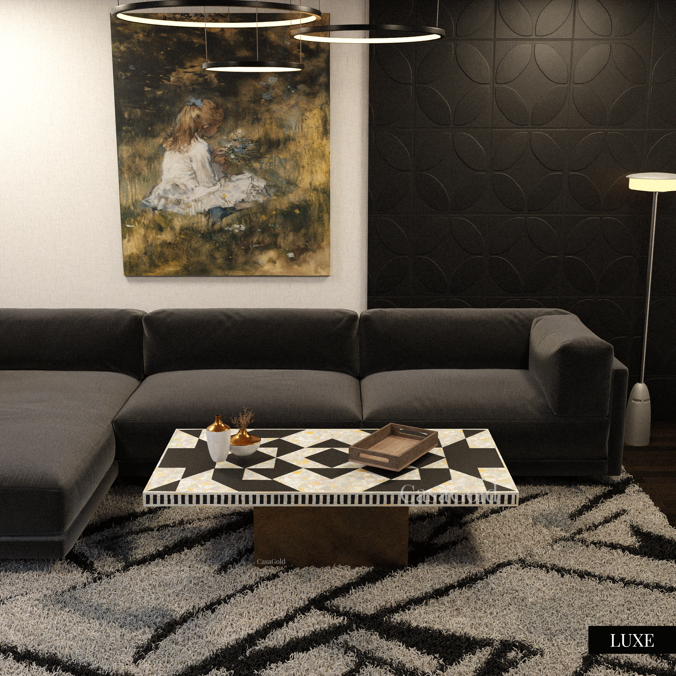 Polygon Large Bone Inlay Rectangular Coffee Table