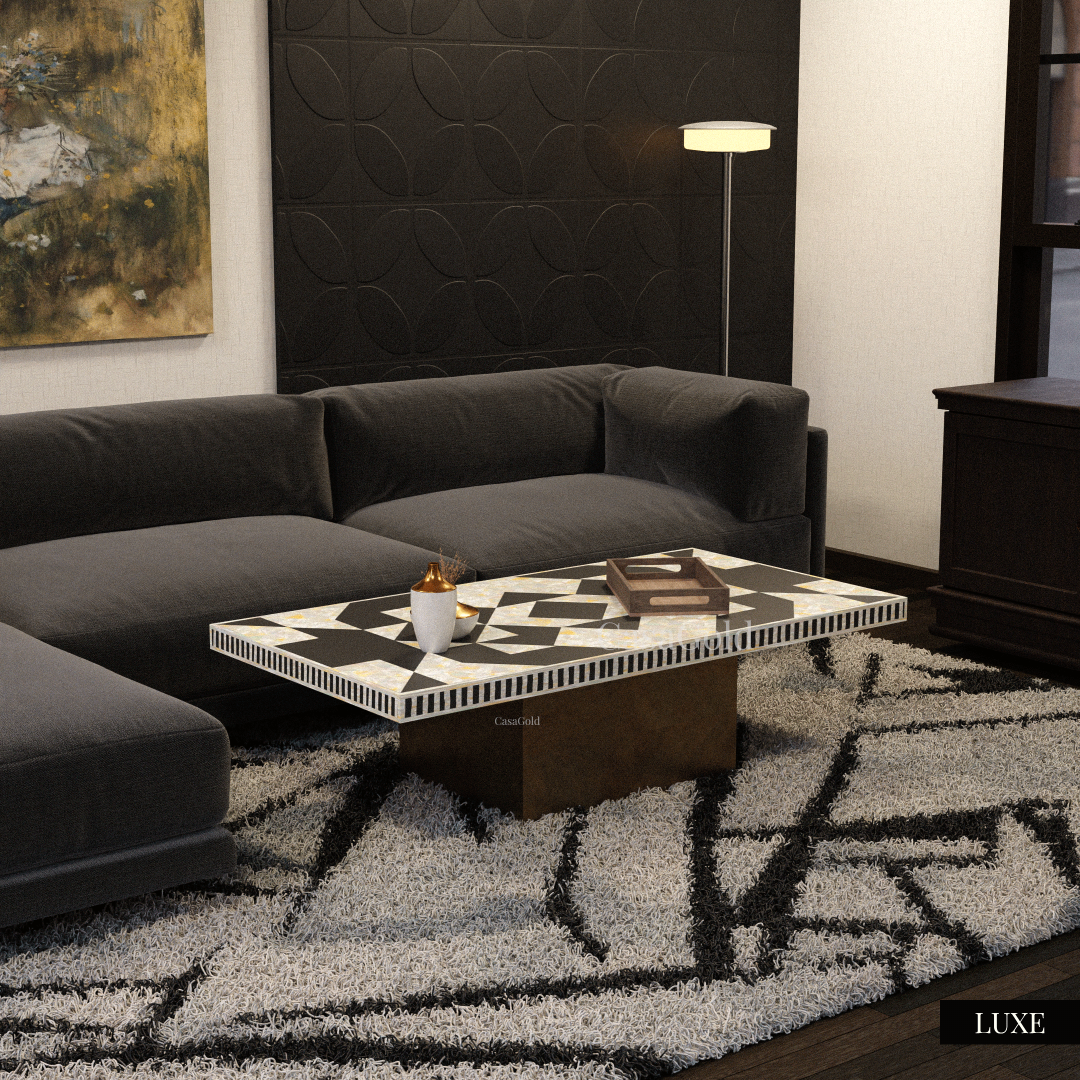 Polygon Pattern Bone Inlay Rectangular Coffee Table