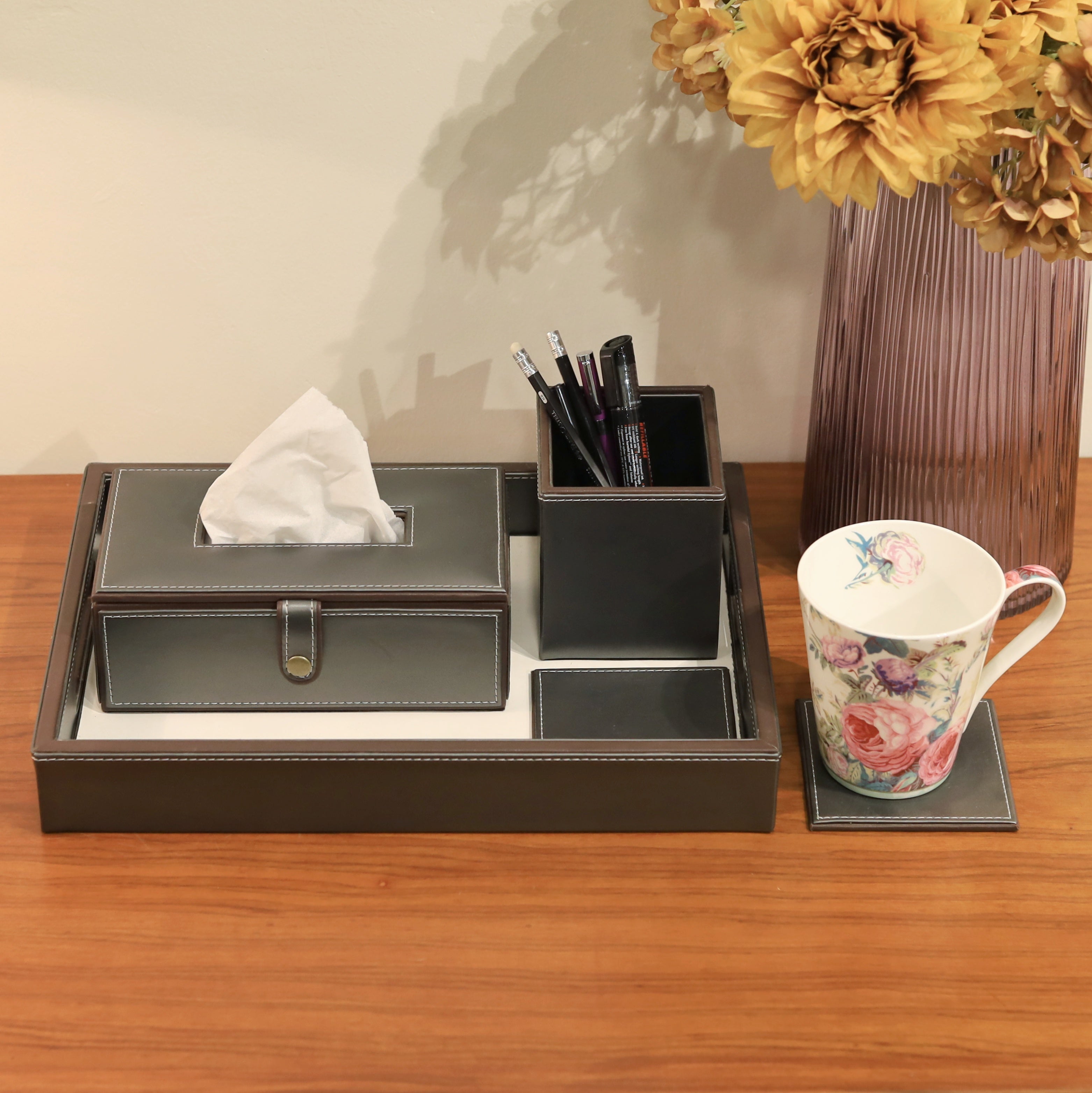 Black leather desk organizer for office supplies