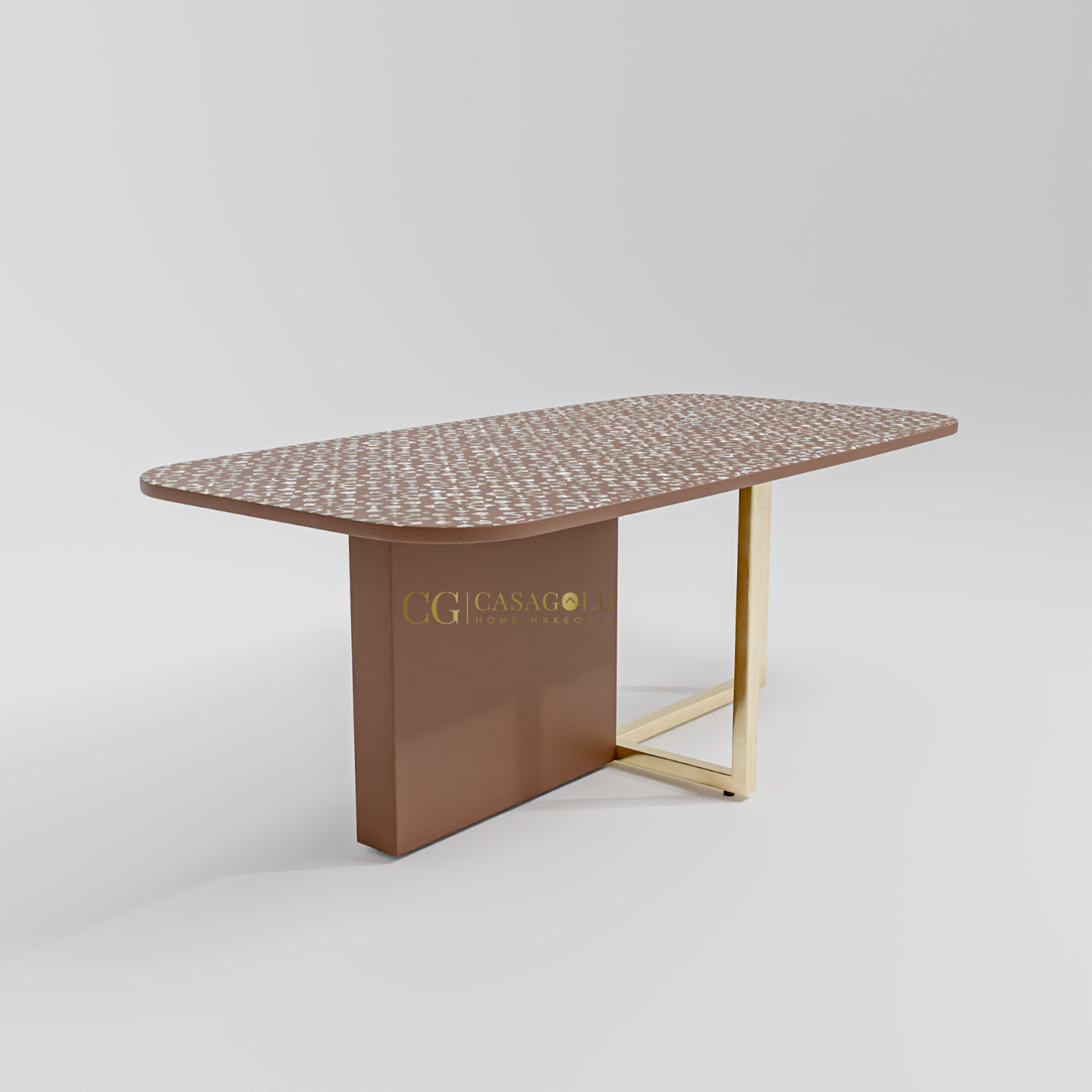 luxury dining table with designer print top and a combination of solid and metallic base elements.