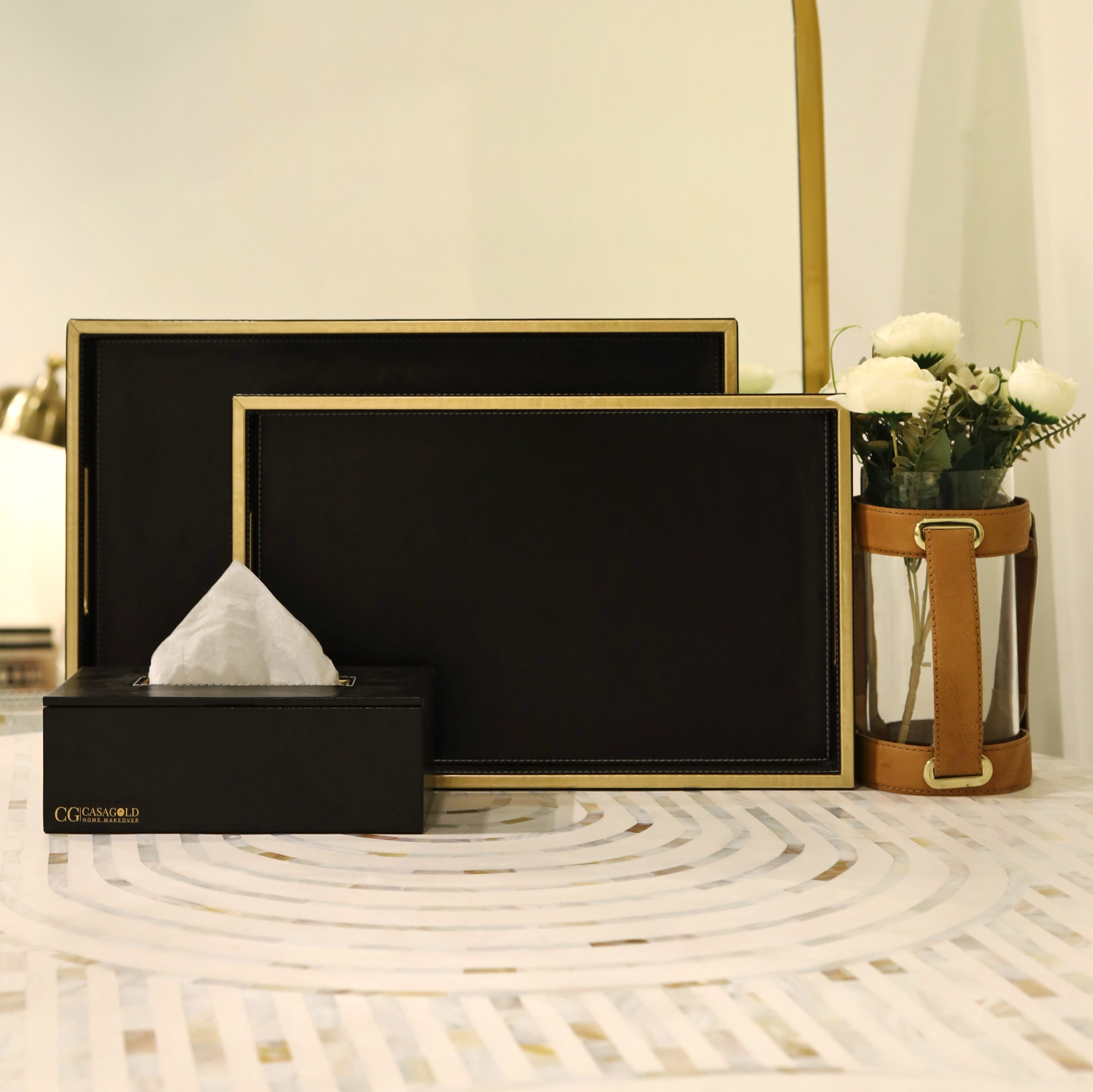 Premium leather tray with storage for tissue box