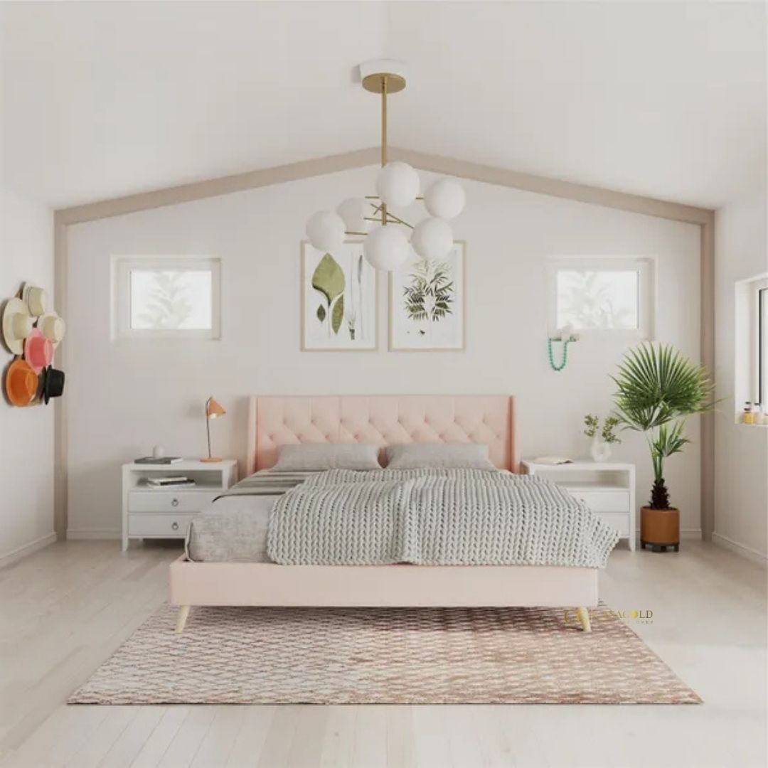 Queen linen bed with a chic, padded headboard