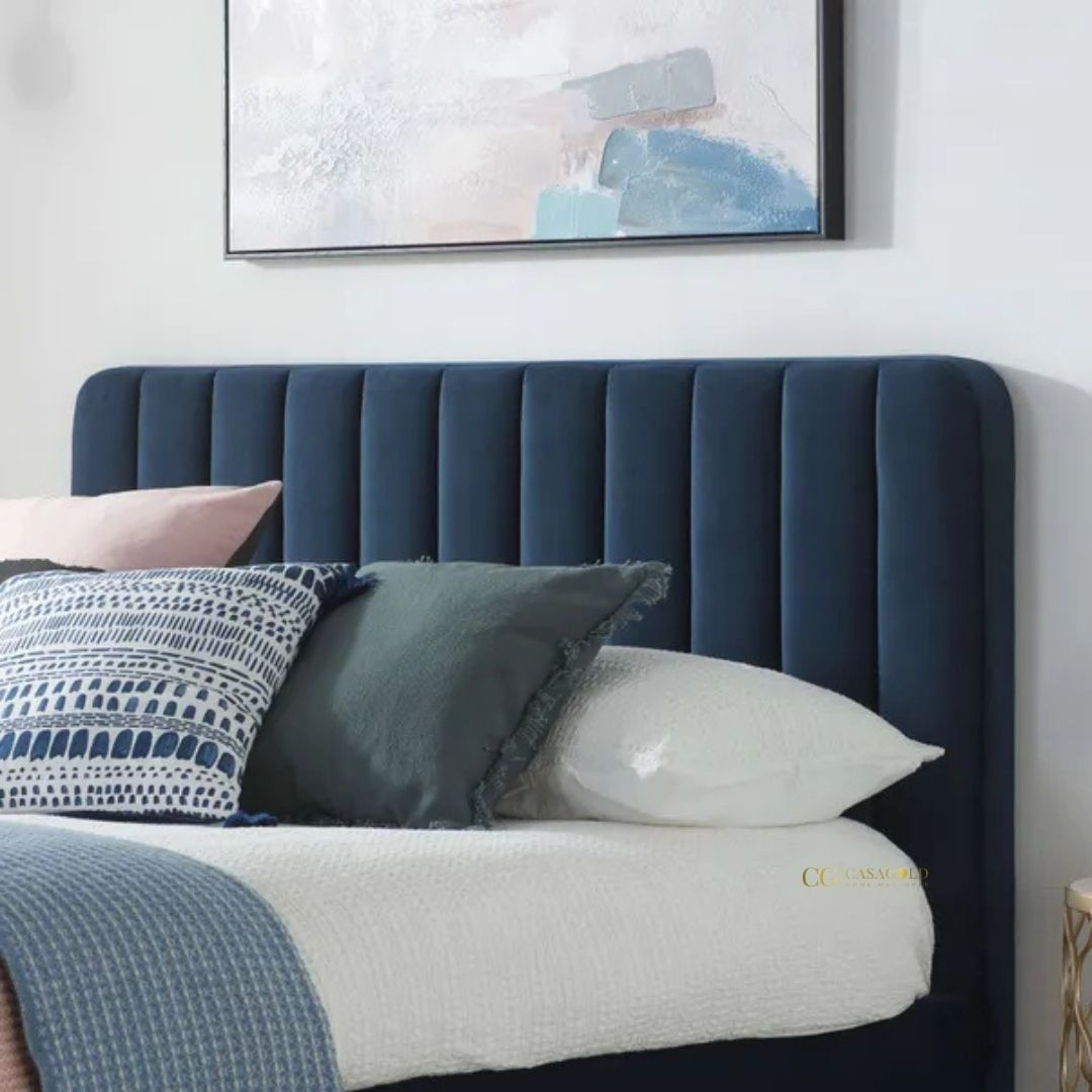 Queen velvet bed with soft, tufted headboard