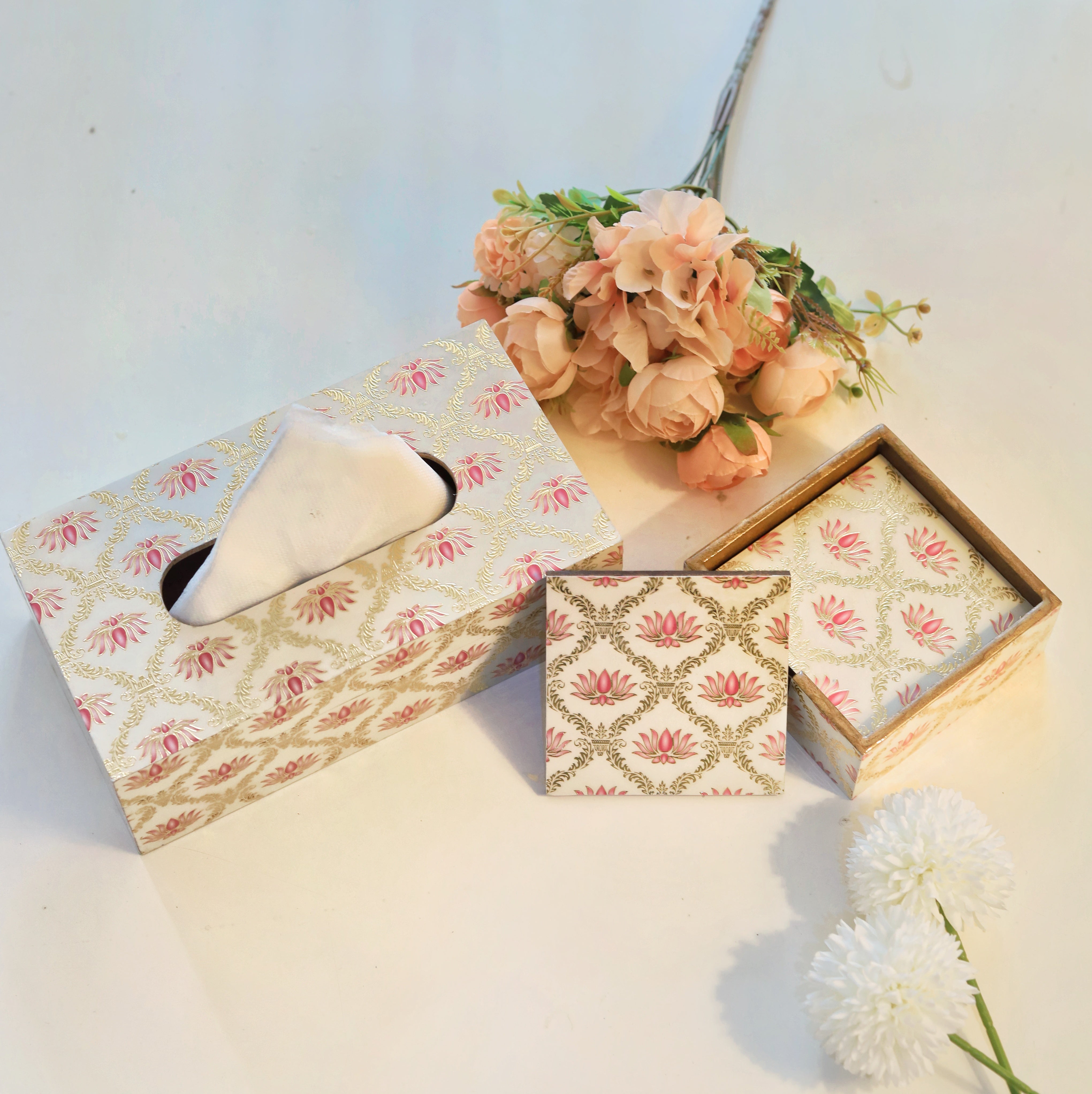 Rectangle coaster and matching tissue box for elegance
