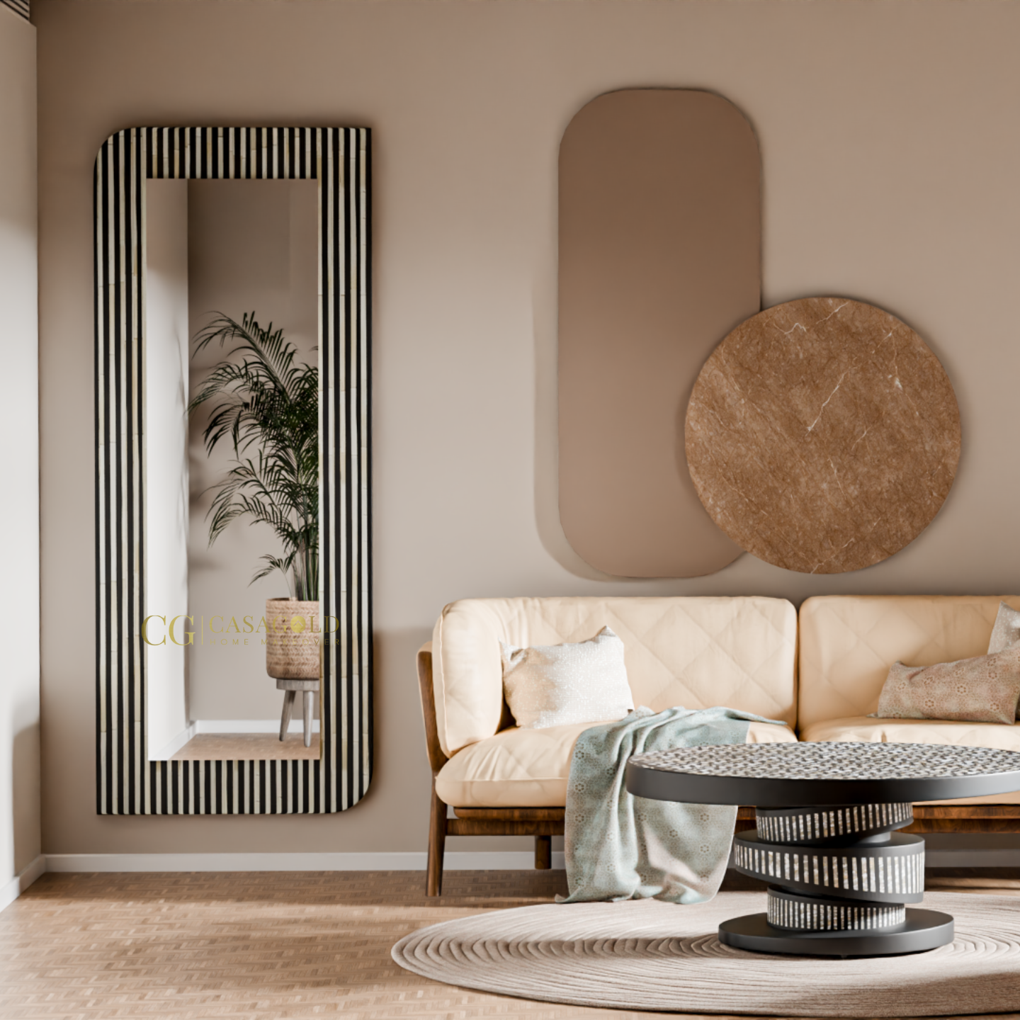 Tall rectangular wall mirror with vertical black and white striped frame and rounded edges.