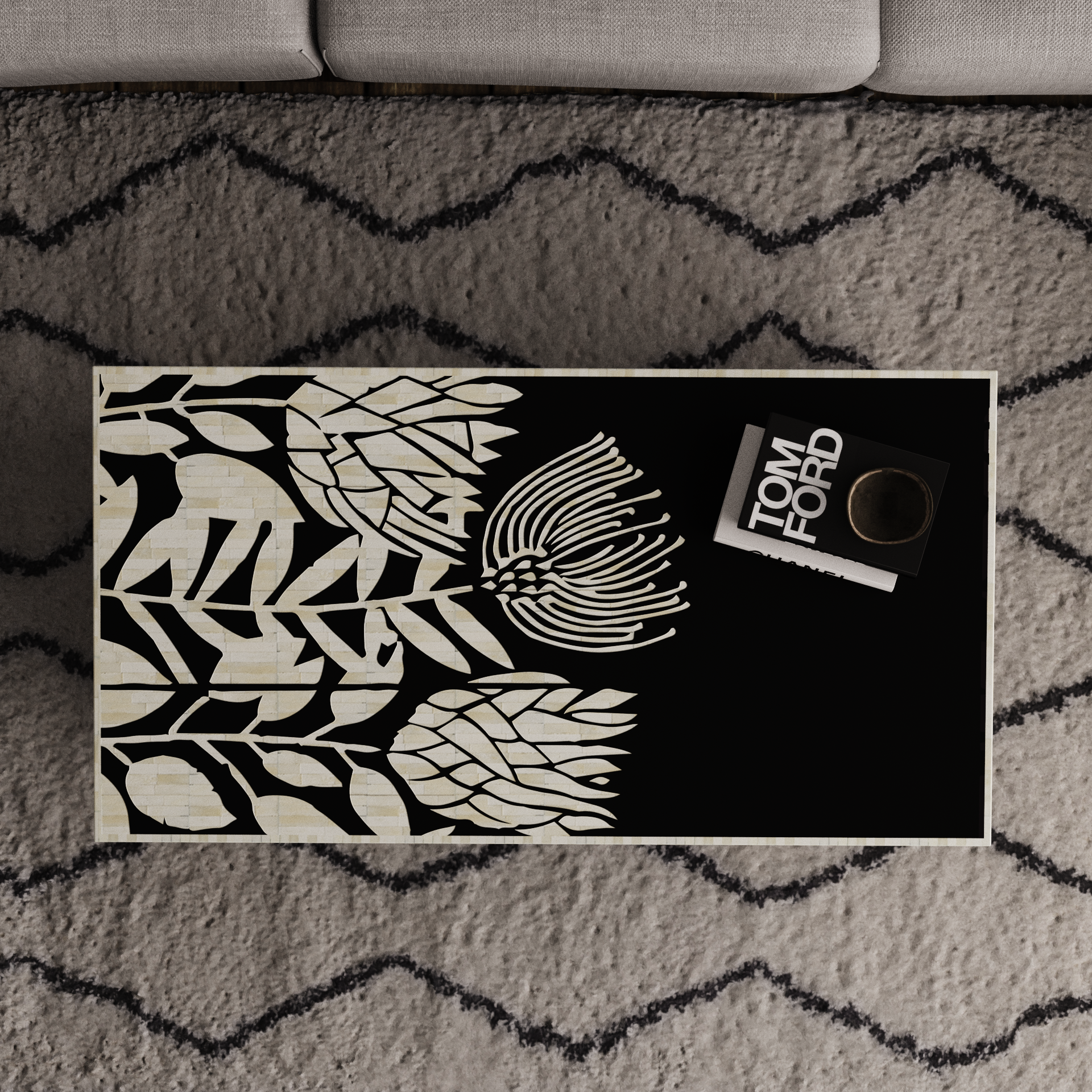 "Rectangular coffee table with monochrome bone inlay finish"