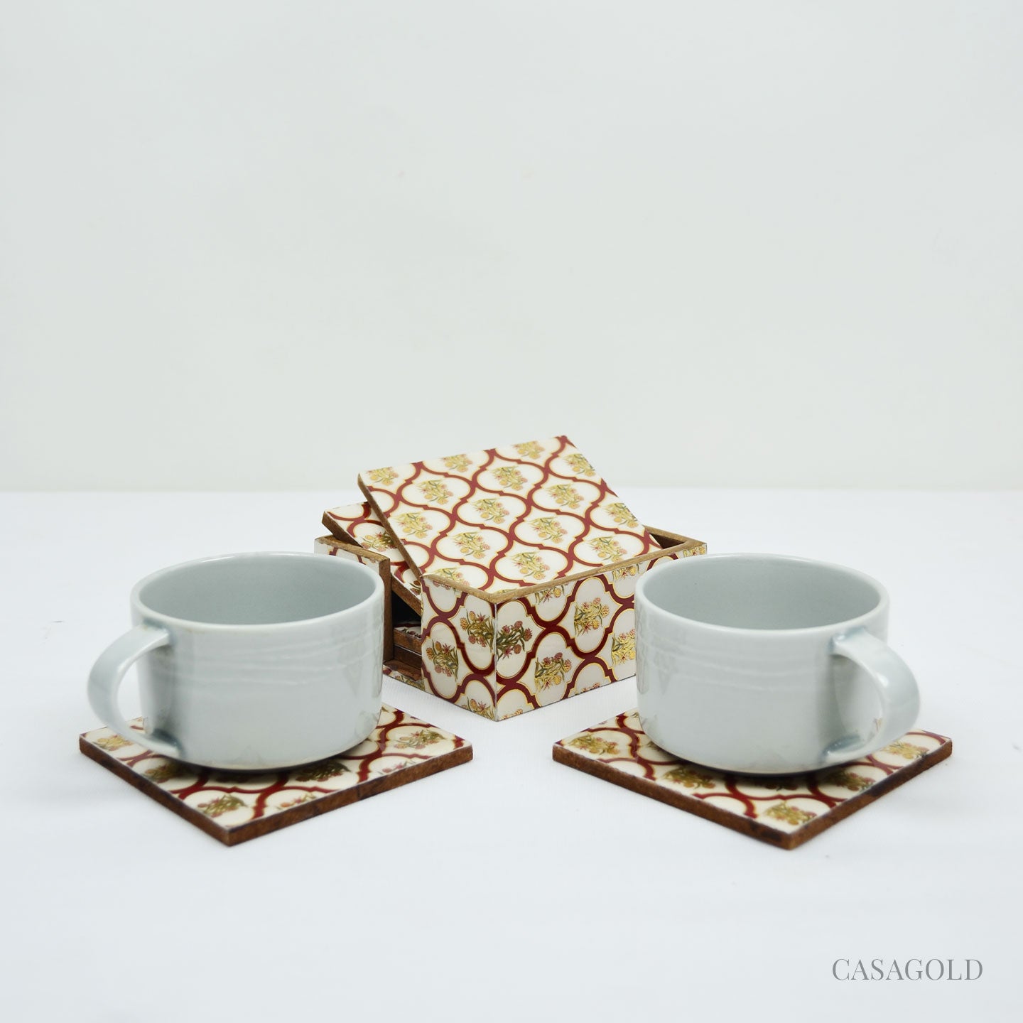 Wooden coaster set with a hidden tissue box