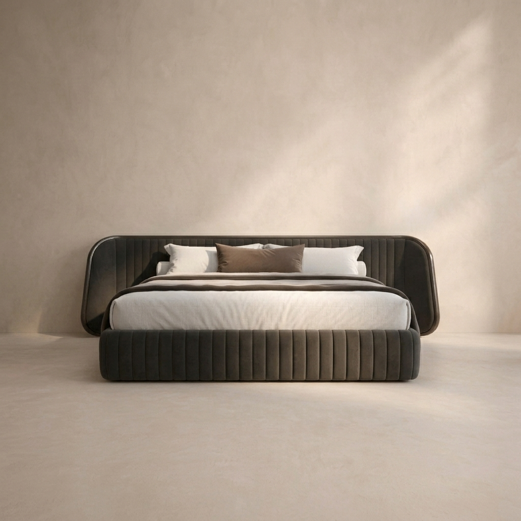 Discover the Riva Upholstered Bed by CasaGold, featuring a curved channelled headboard and matching padded footboard. Custom sizes, fabrics and colours available.