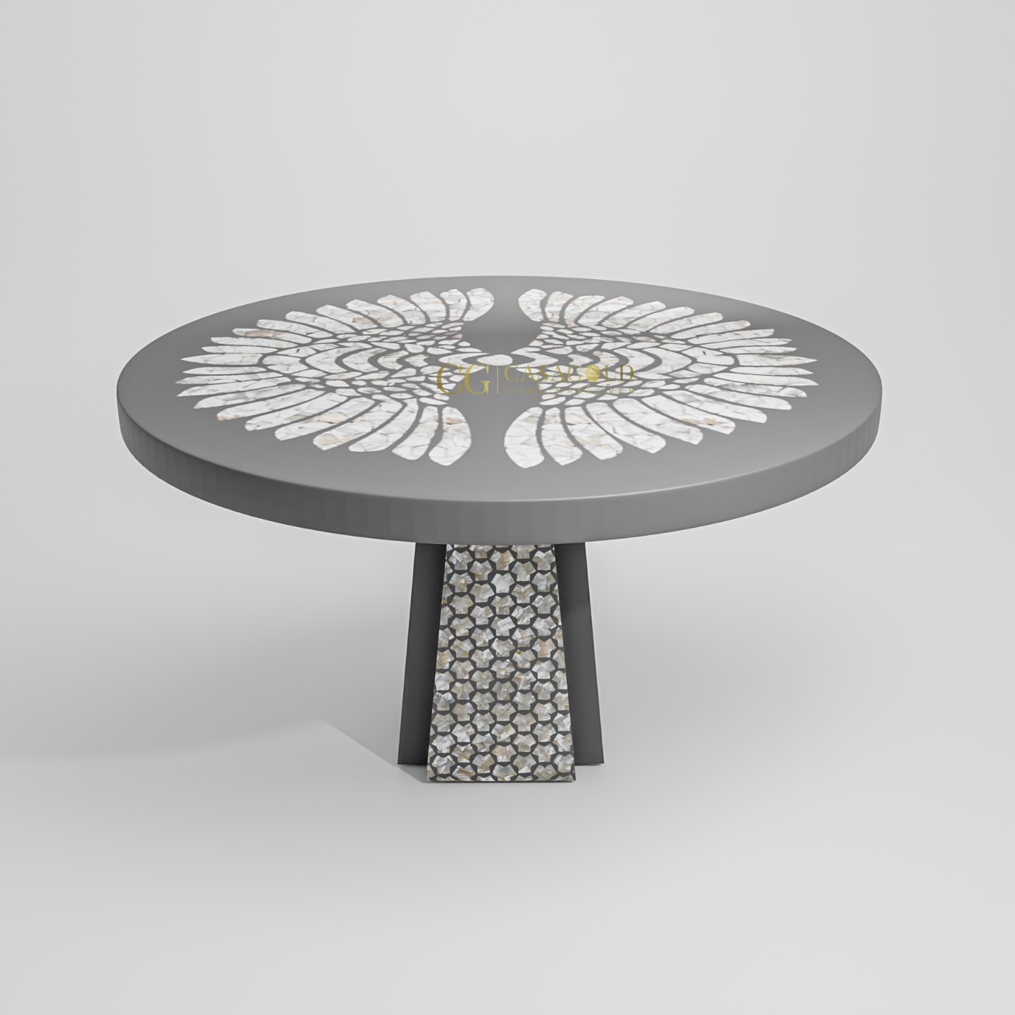 Eye-catching round table from CG Casa with petal-inspired surface design and a structured honeycomb-patterned pedestal.