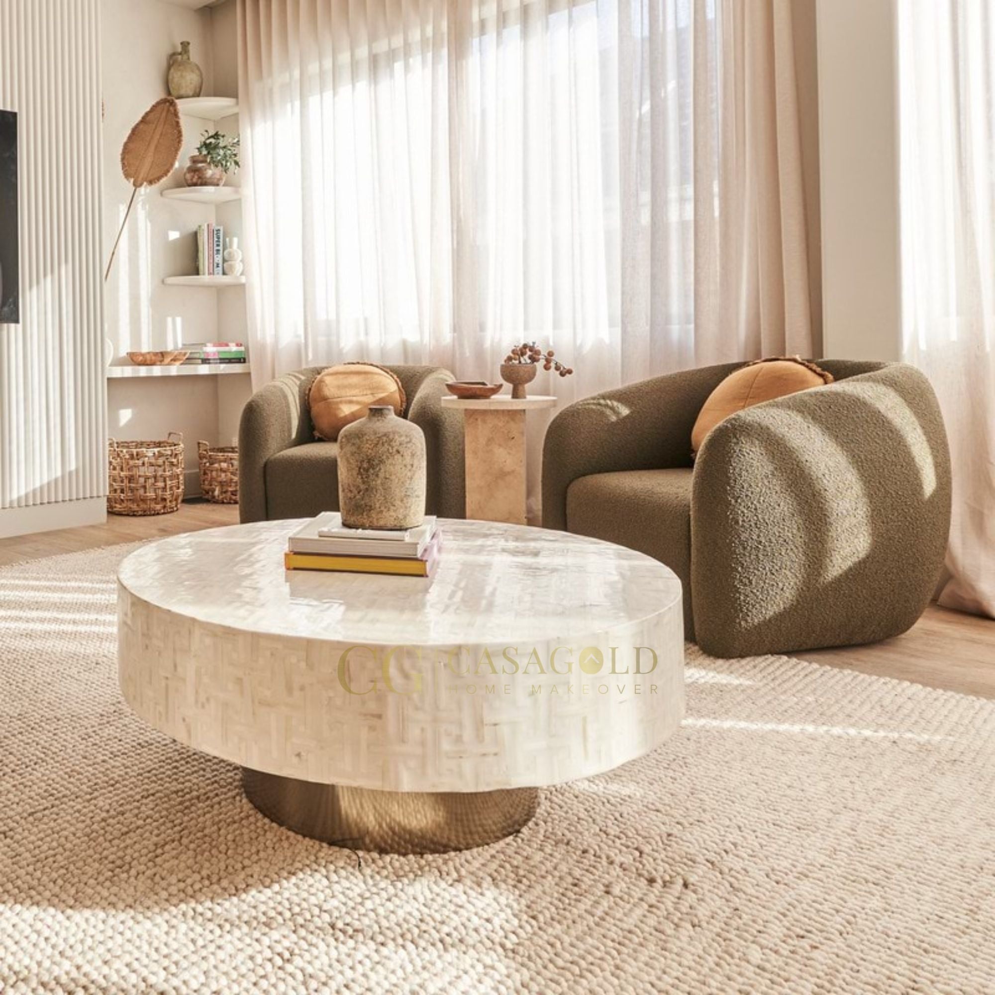 Round Unique Bone Inlay Coffee Table Piece