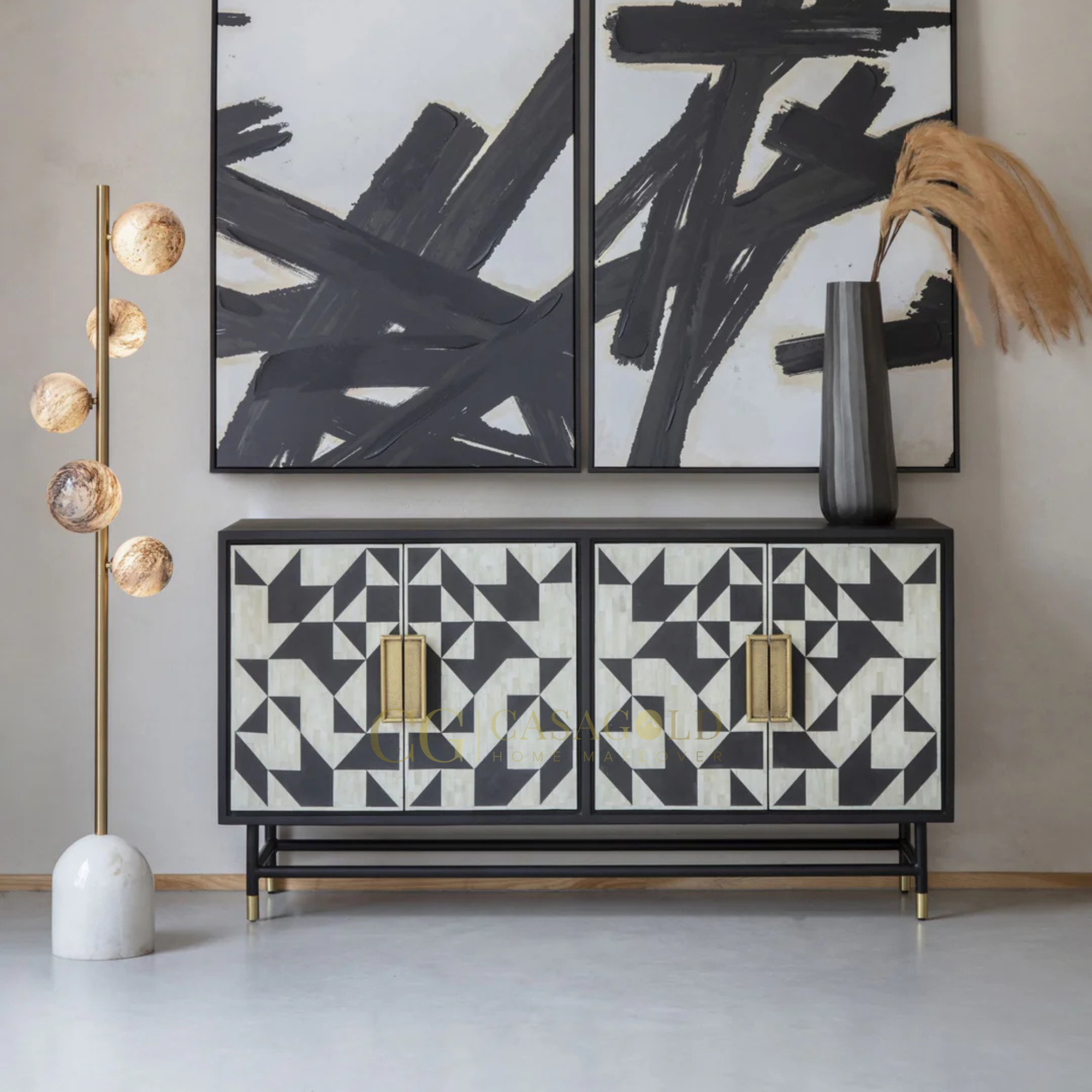 Rustic black and gold inlay sideboard with vintage appeal.