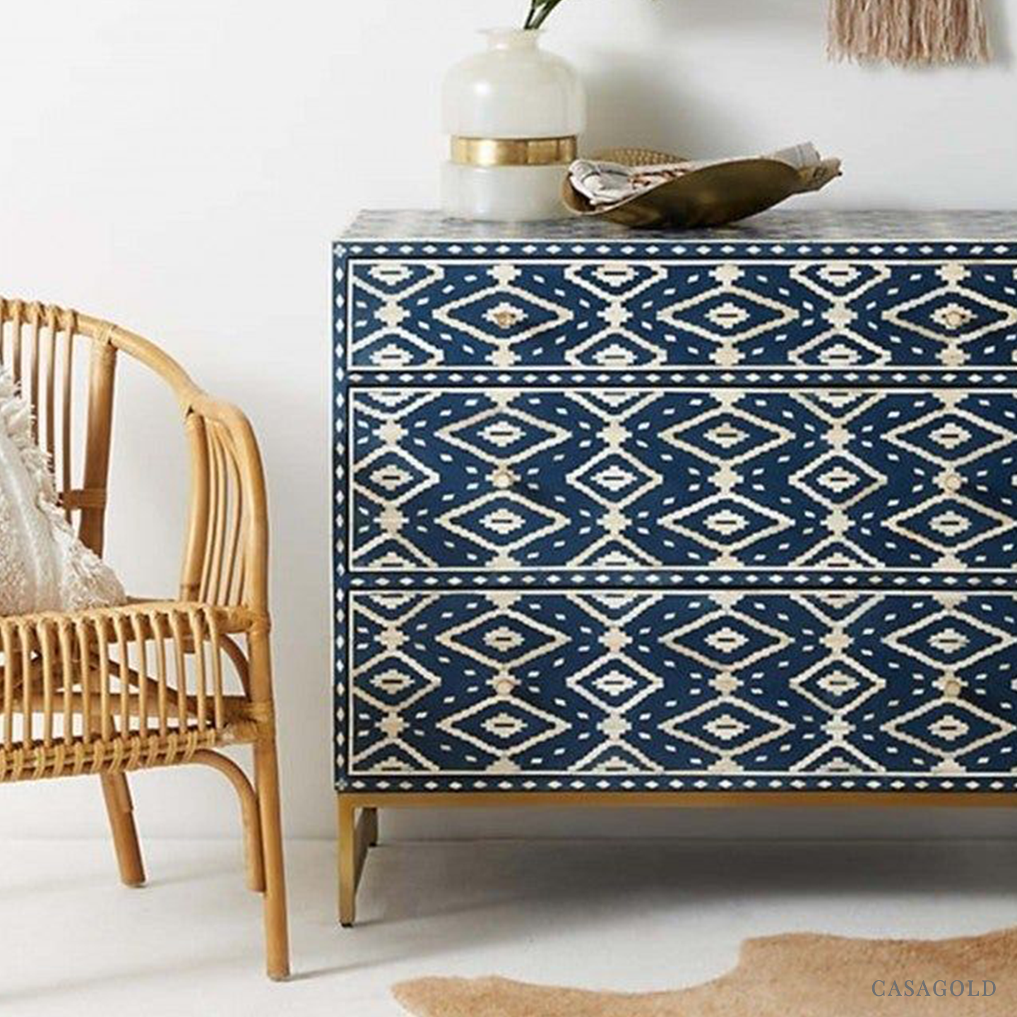 Rustic Blue and Gold Bone Inlay Bar Cabinet