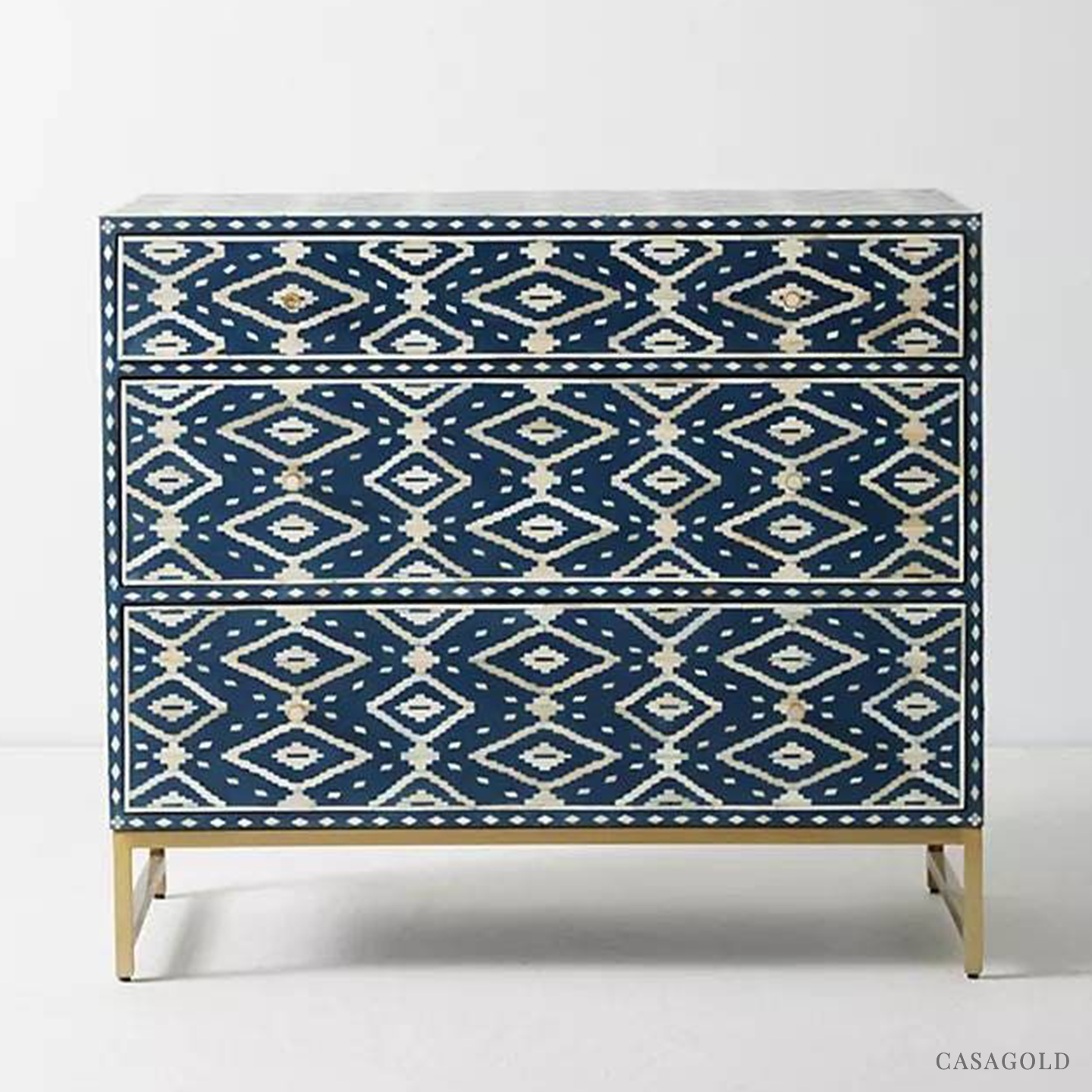 Rustic Blue and gold bone inlay bar cabinet for vintage charm.