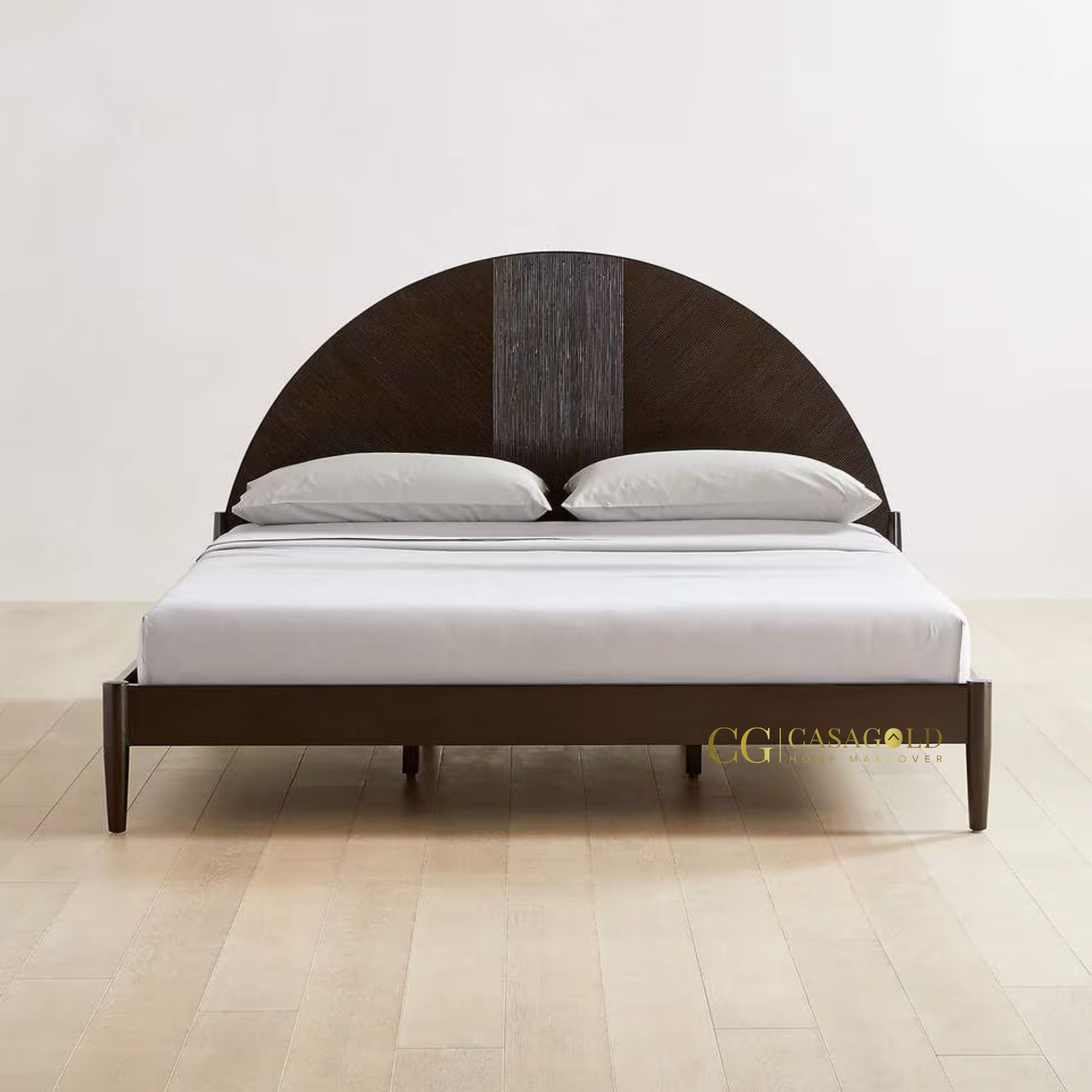 Dark Stained Wood Bed Frame with Rustic Cane Detailing