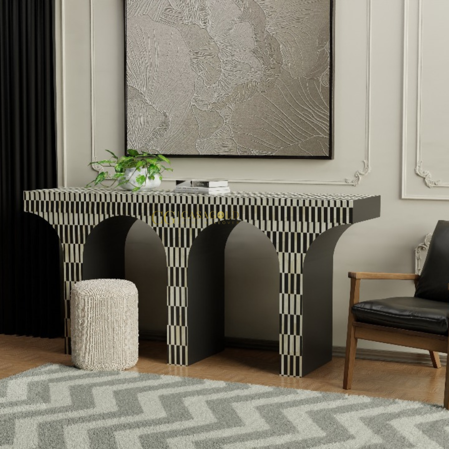 Monochrome interior style with artistic elements and contrasting patterns in furniture and decor.