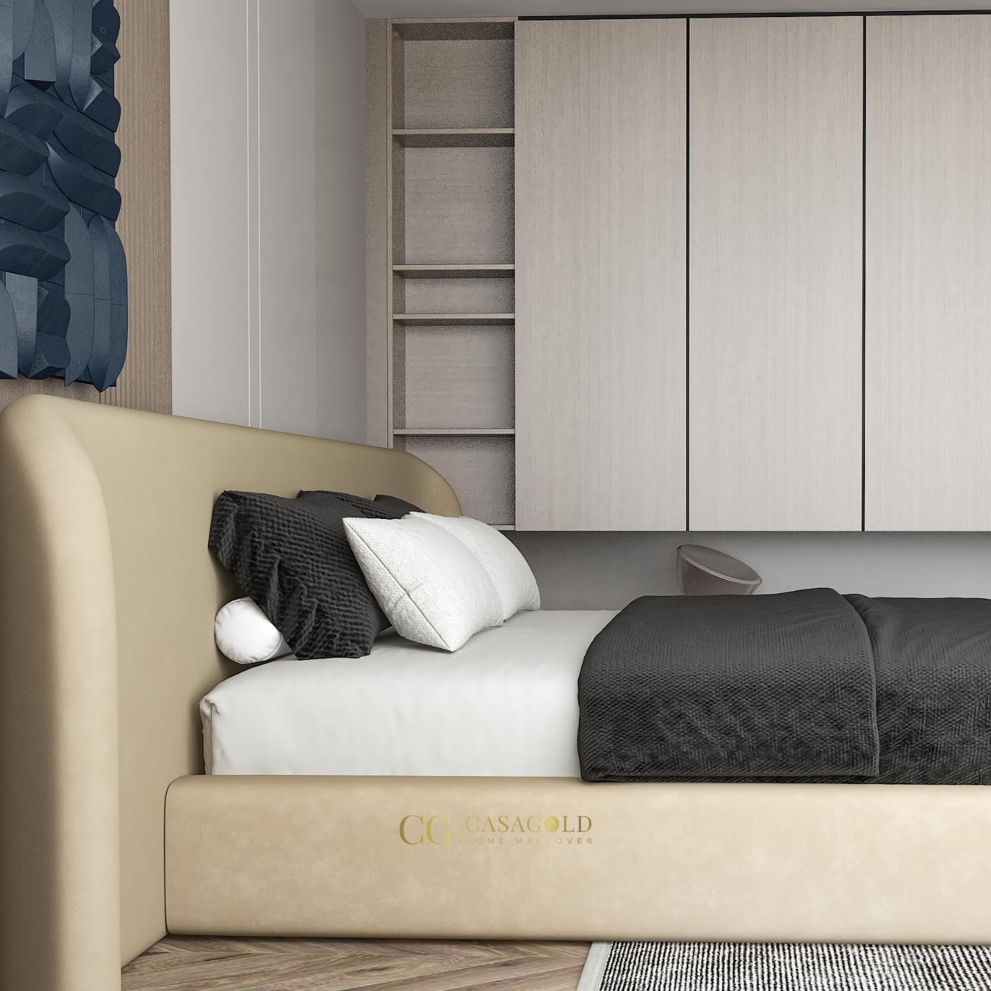 Modern bedroom with wall-wide curved beige headboard and black-accent bedding"