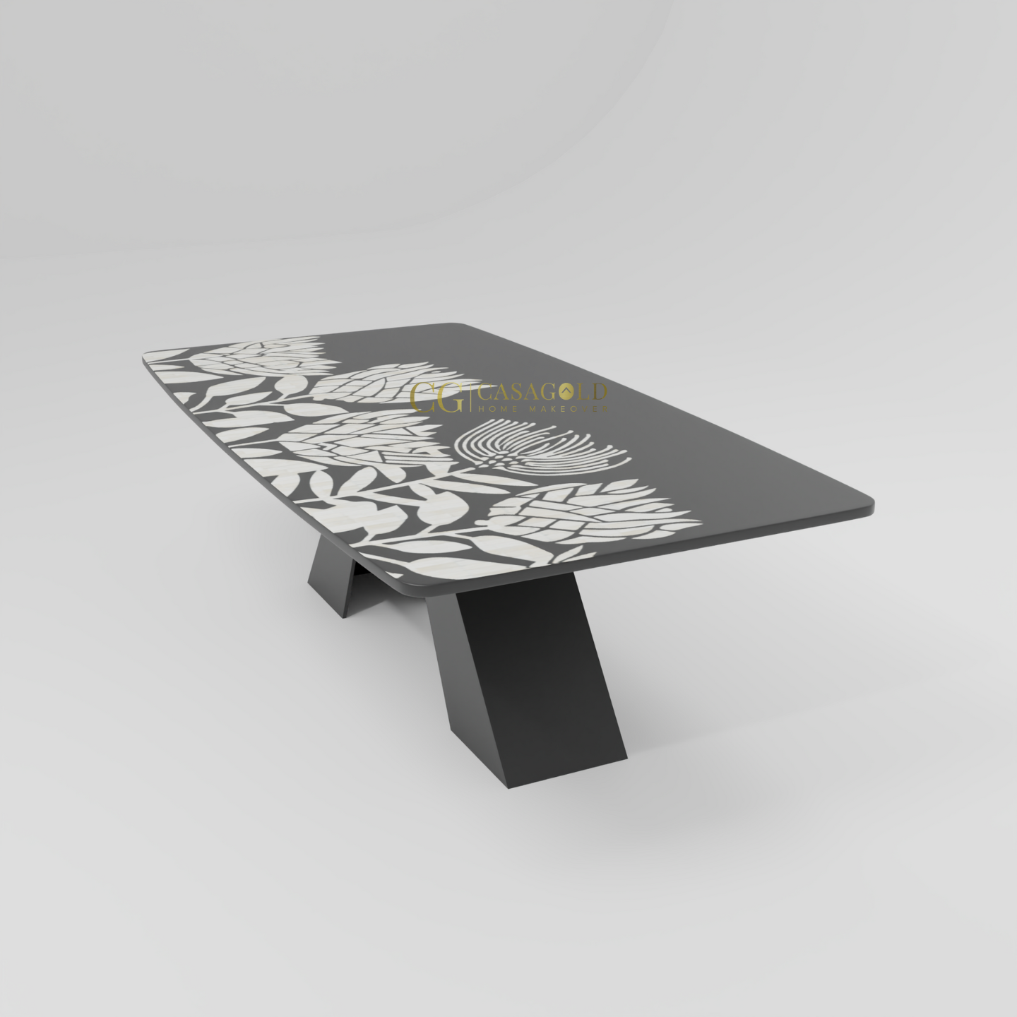 dining table with a decorative floral surface pattern and bold, sculpted base for a contemporary aesthetic.