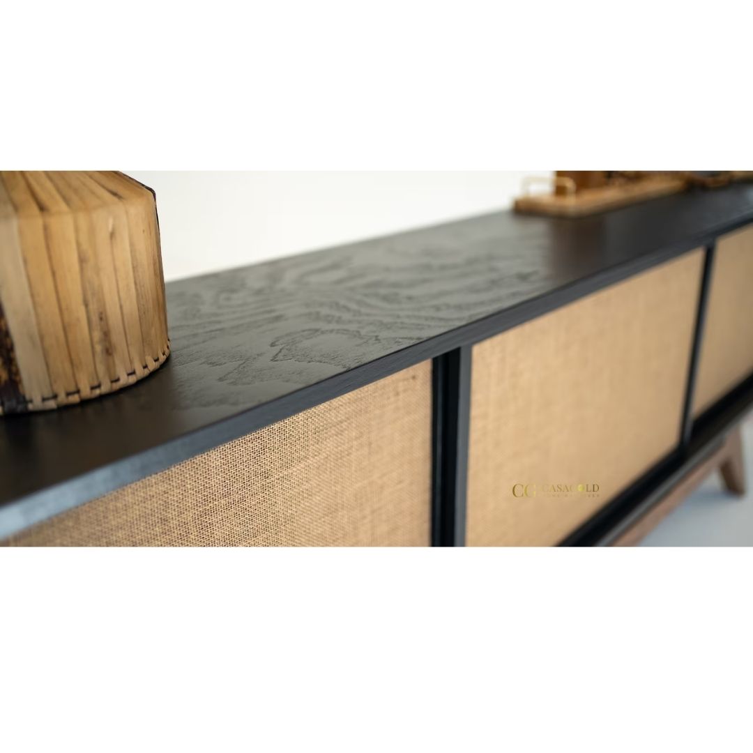 Modern mid-century media console in black with burlap inlay doors