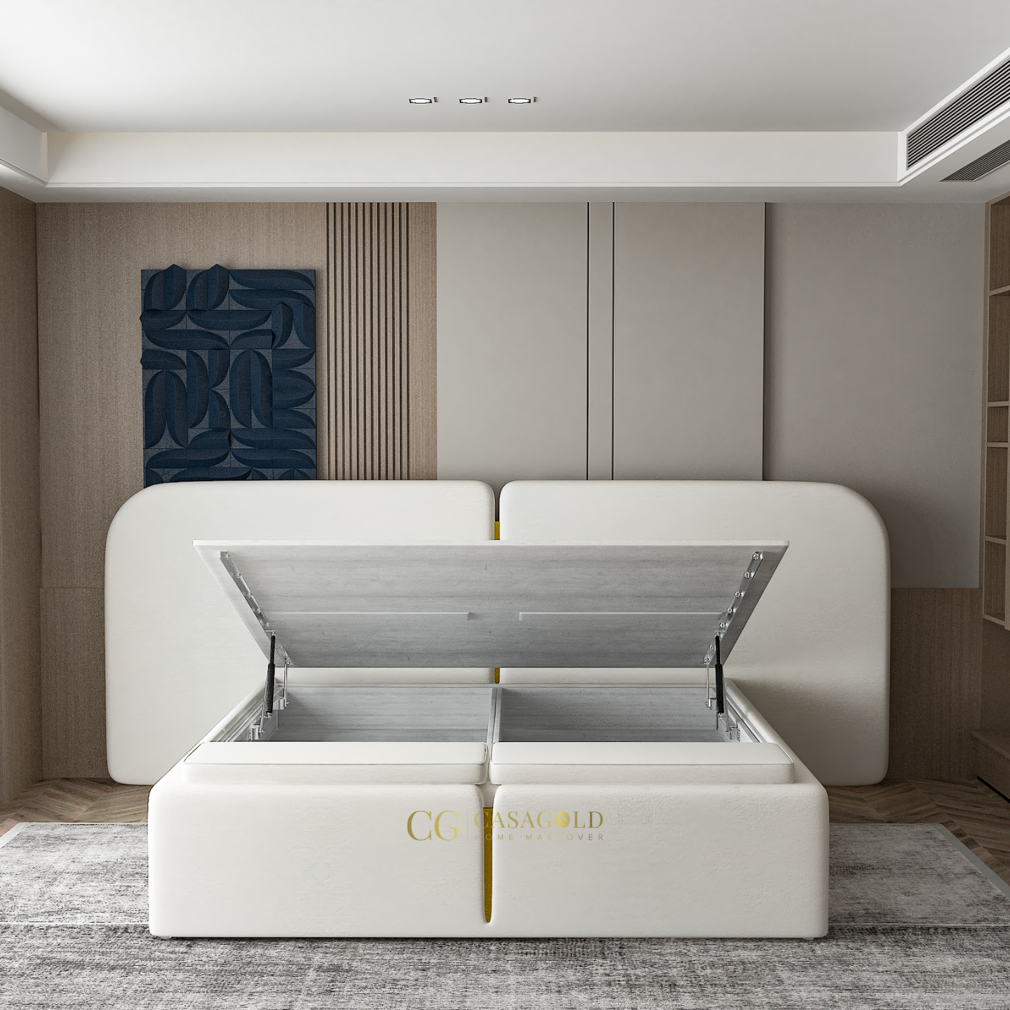 Minimalist bedroom setup with a striking white bed and soft lighting.