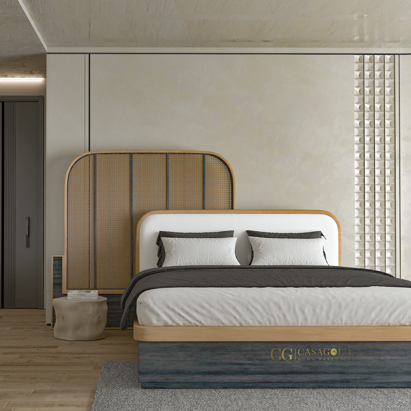 Front view of a contemporary bed with white and gray bedding