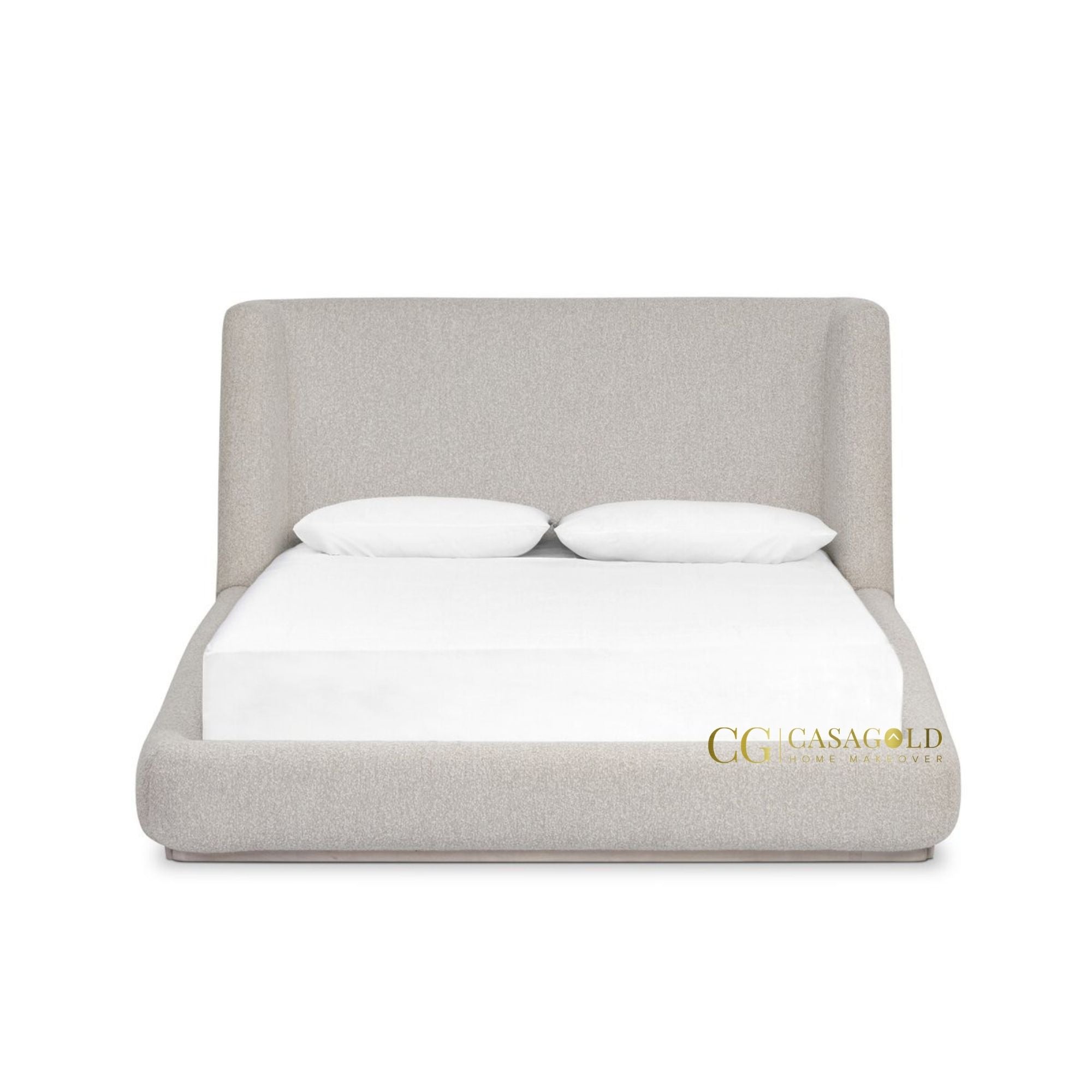 Low-profile fabric bed in neutral tones.
