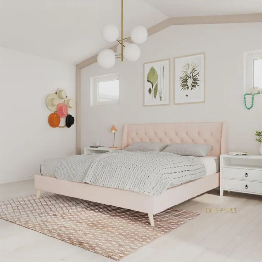 Pink linen bed for modern, stylish bedroom decor