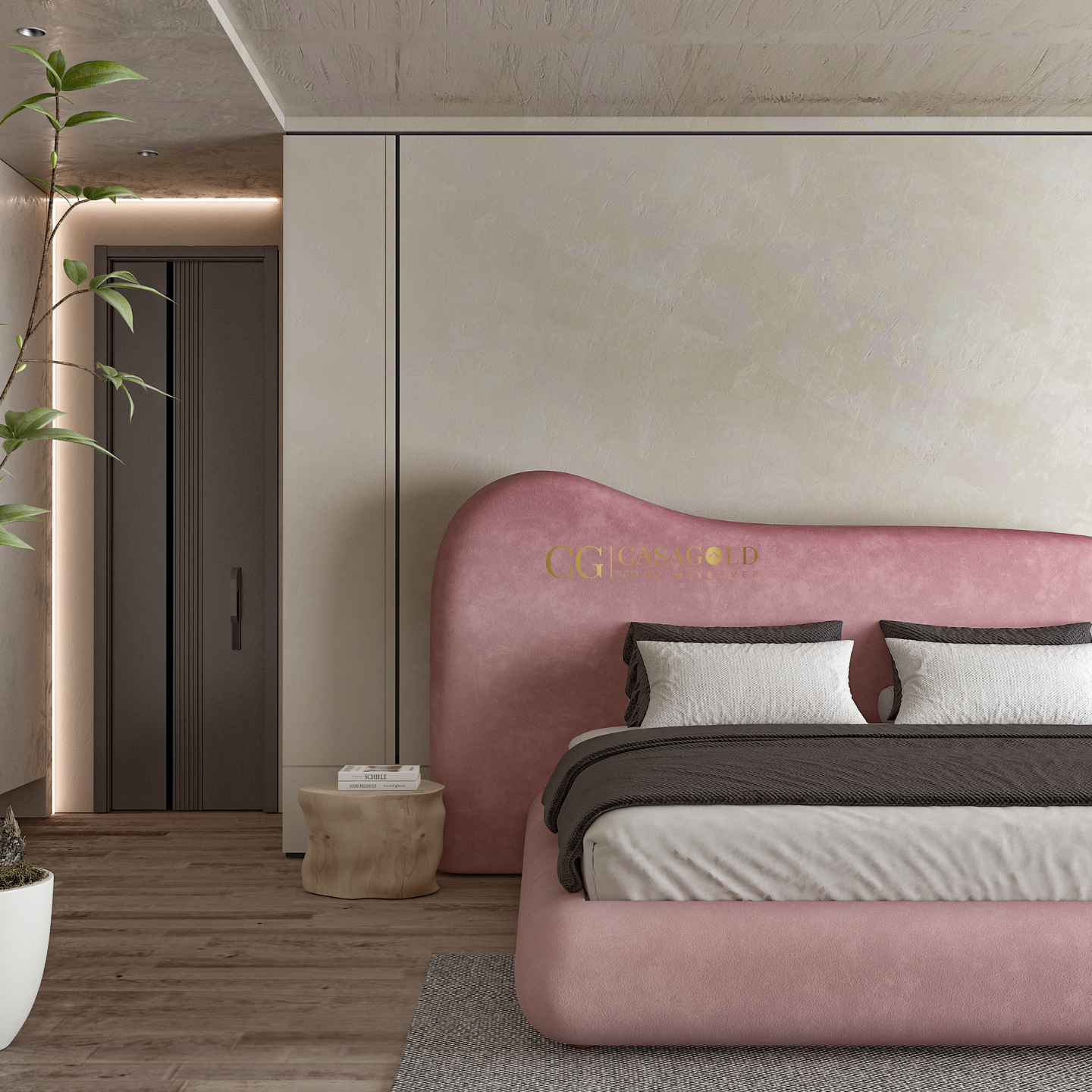 Modern bedroom with a blush pink upholstered bed and warm neutral color palette