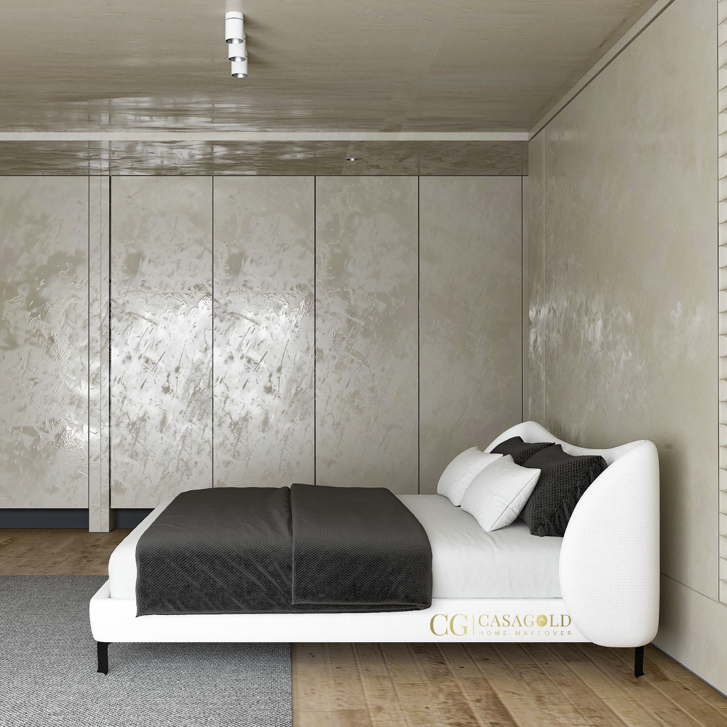 Minimalist bedroom with a white headboard and clean black accents