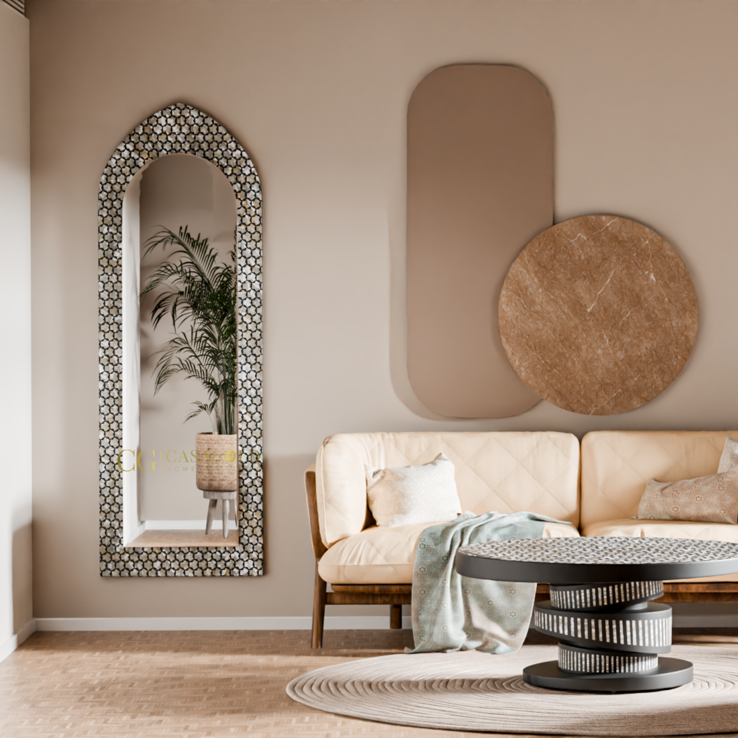 Arched mirror with modern mosaic border reflecting greenery in cozy corner