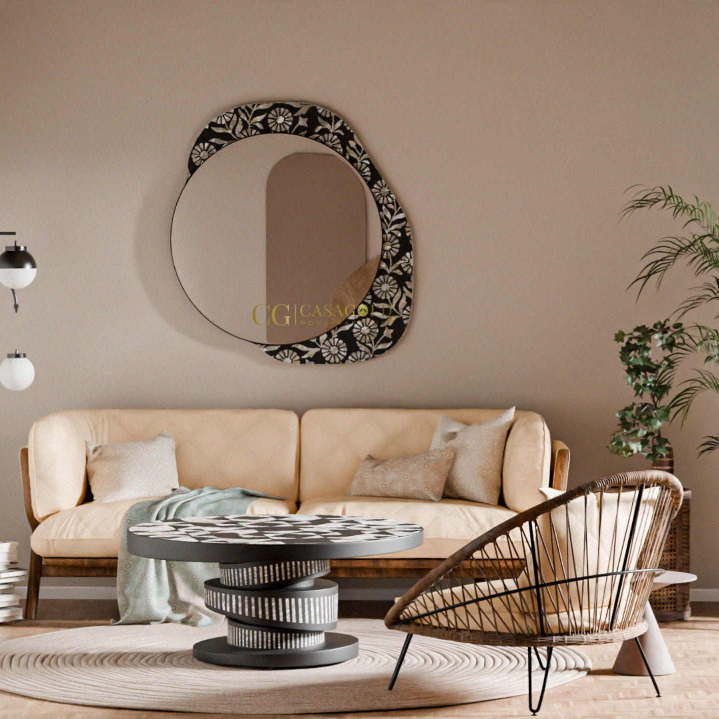 Round mirror with stylish black and white curved pattern