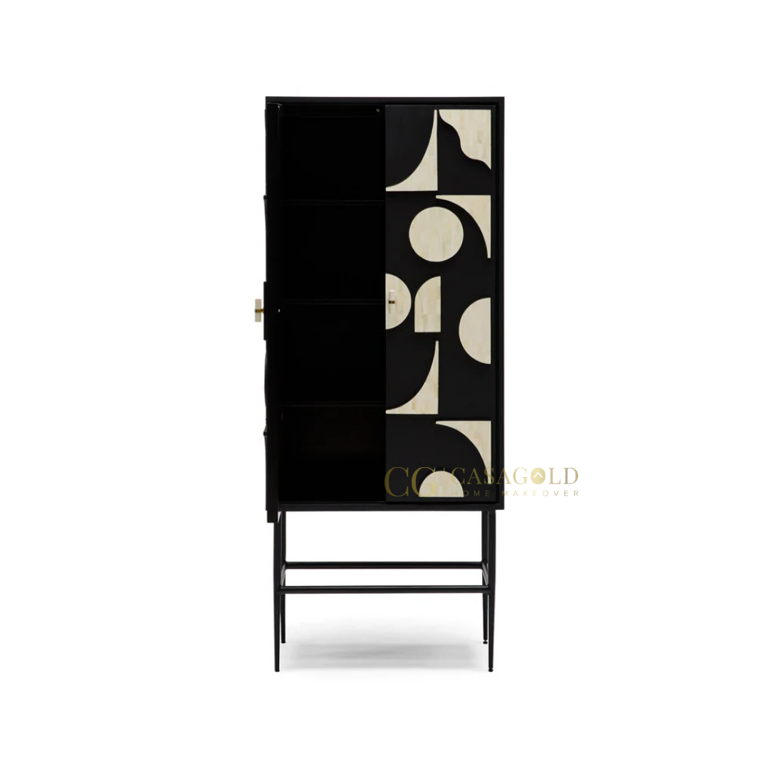 Contemporary interior with an artistic cabinet and cozy boucle-style armchair.
