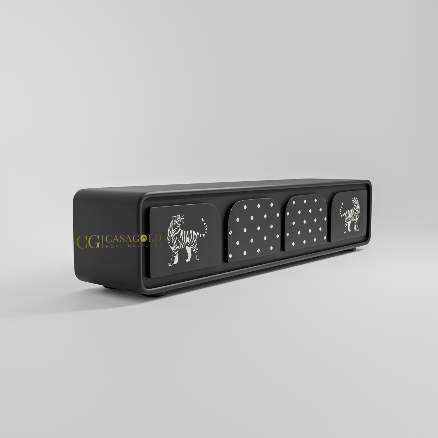 A black television or storage console from CG Casagold, featuring four doors with distinct white designs