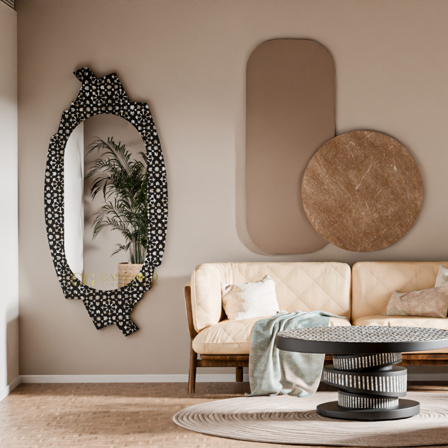 4. Designer mirror mounted on a light wall with a reflection of indoor greenery, enhancing aesthetic appeal.